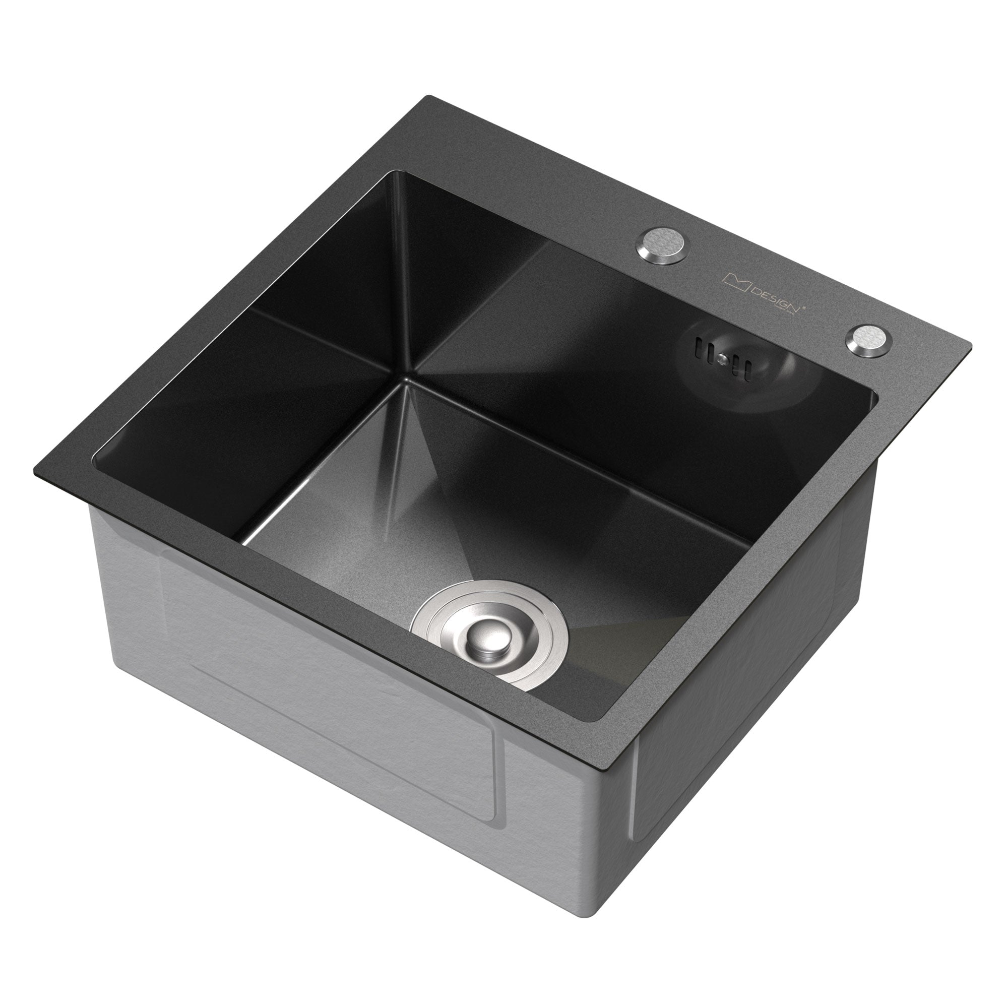 Schwarzes Spülbecken mit Abfluss und zwei Bedienelementen.