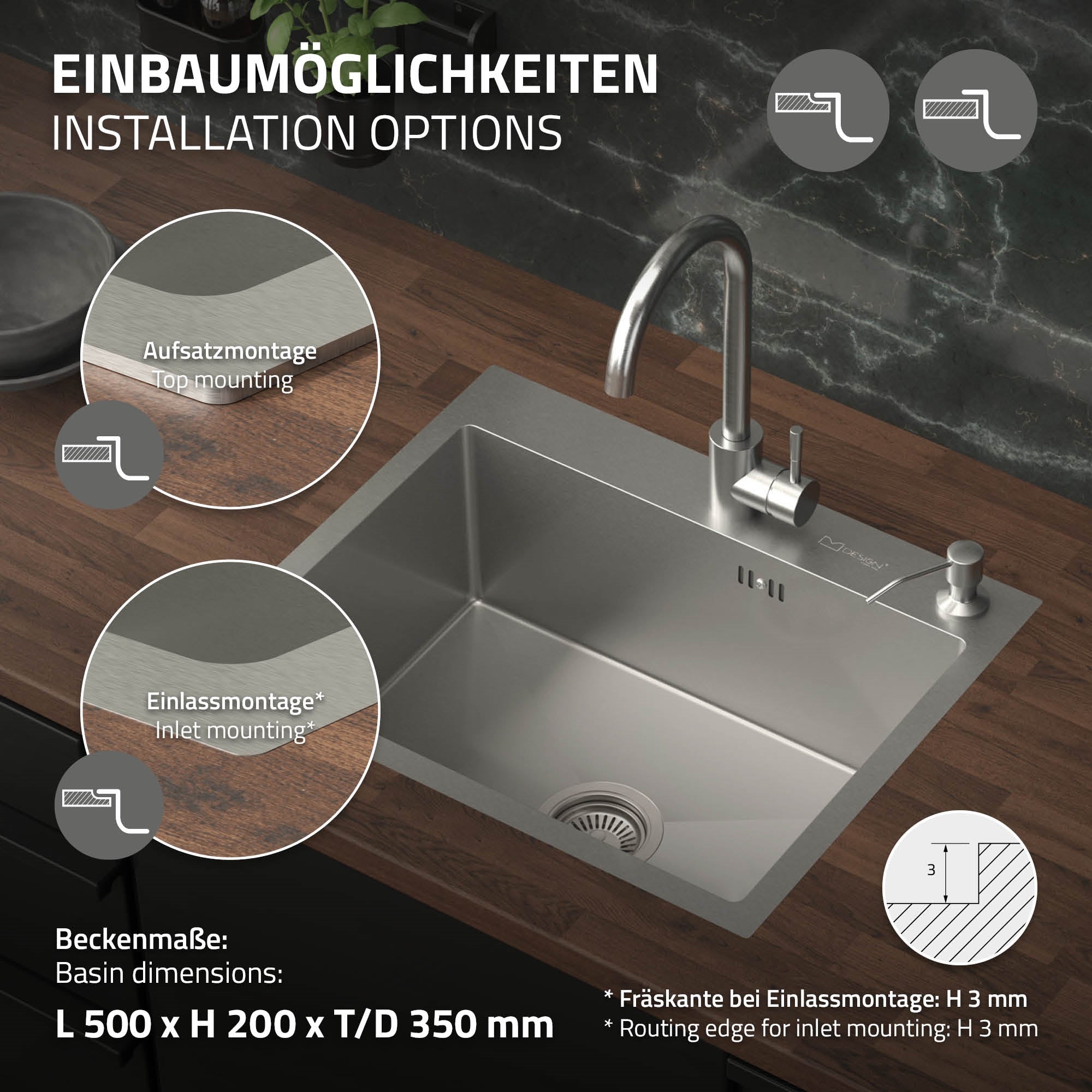 Diagramm mit Installationsmöglichkeiten für ein Spülbecken.