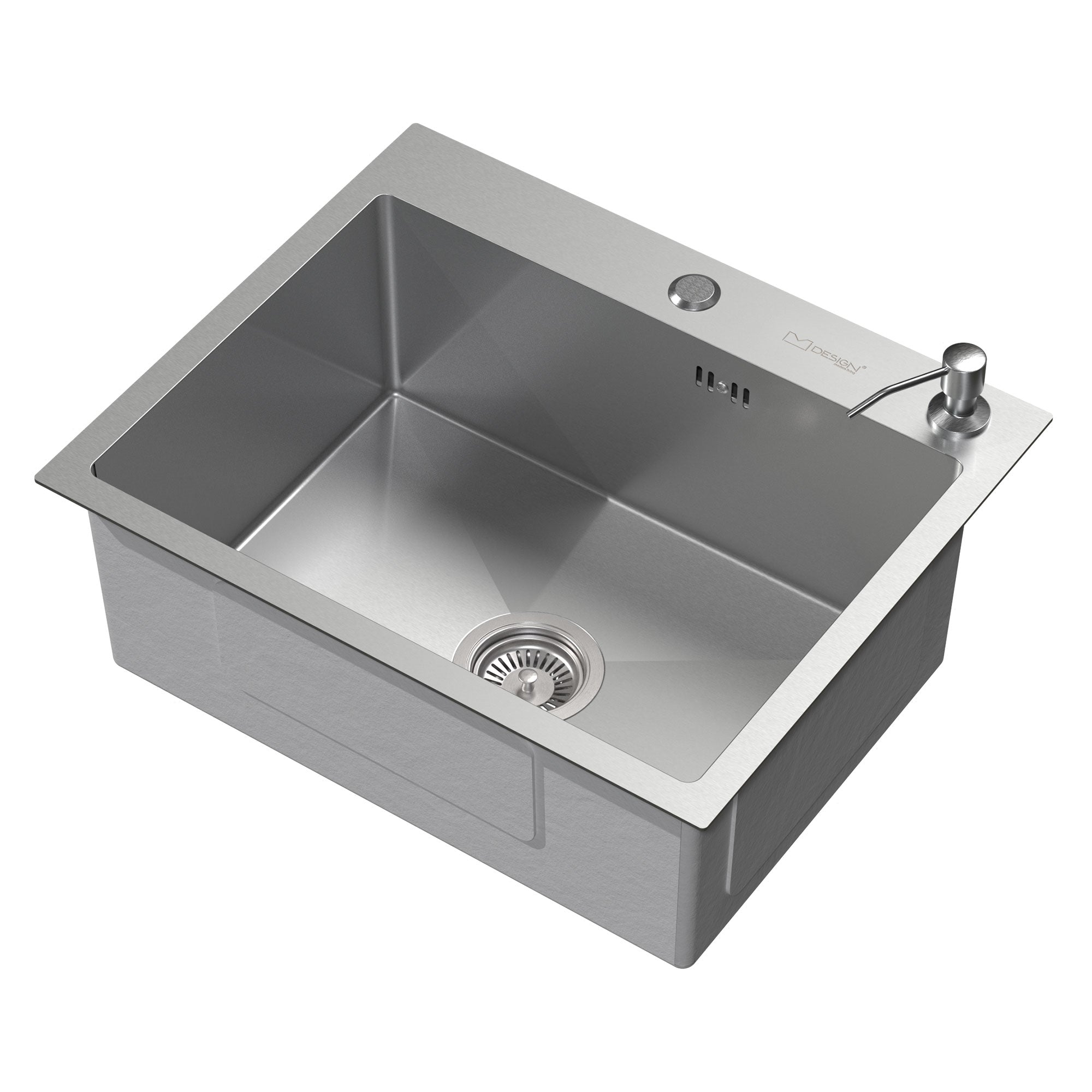 Silbernes Spülbecken mit Abfluss und Wasserhahn.