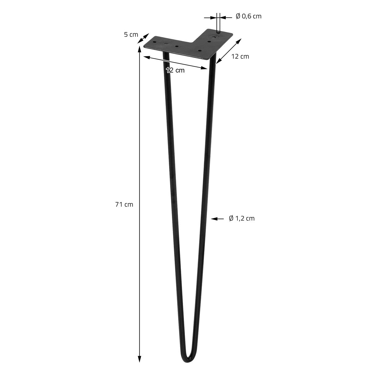Picior negru de masă din metal, cu dimensiuni și găuri de găurire.