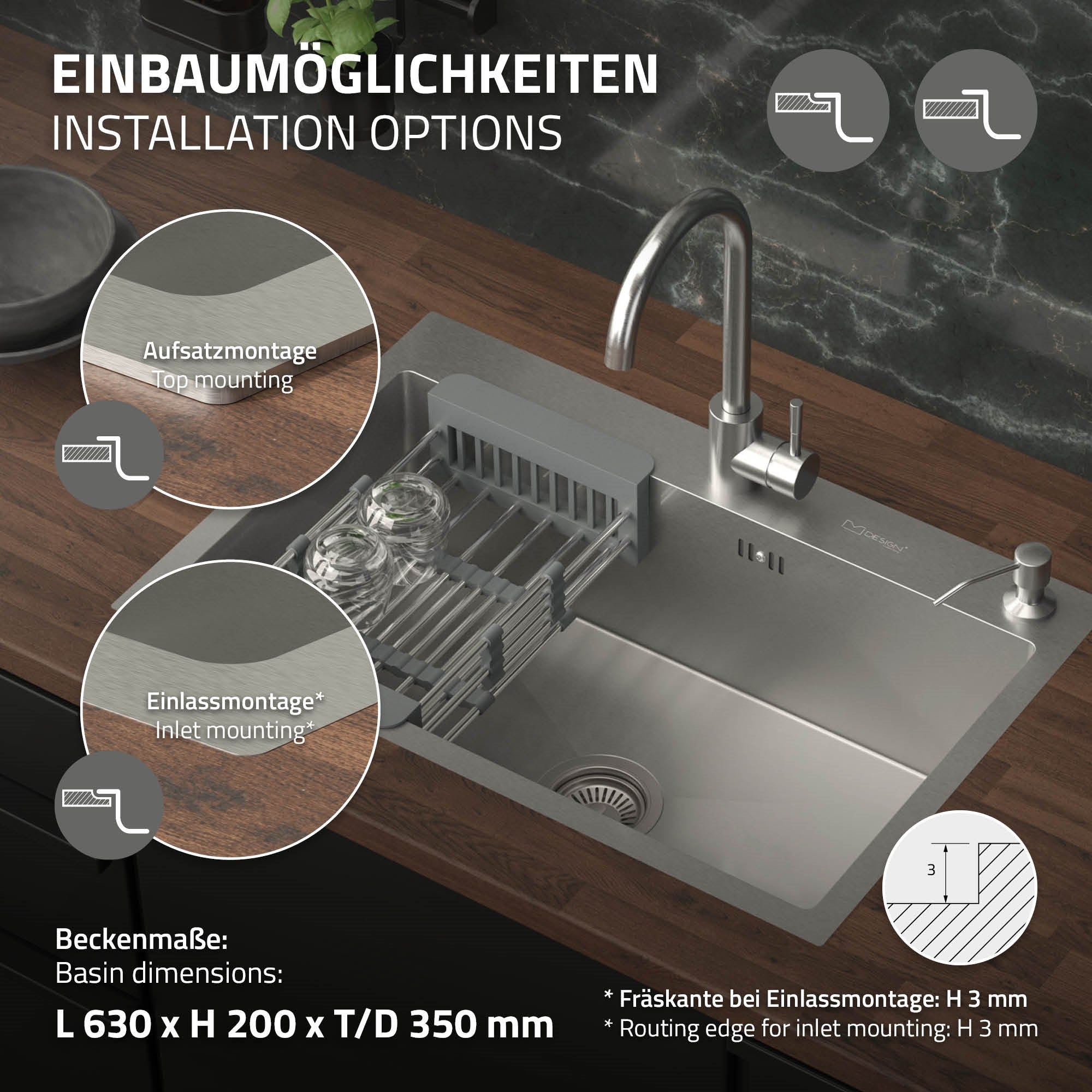 Diagramm mit Einbaumöglichkeiten für eine Küchenspüle.