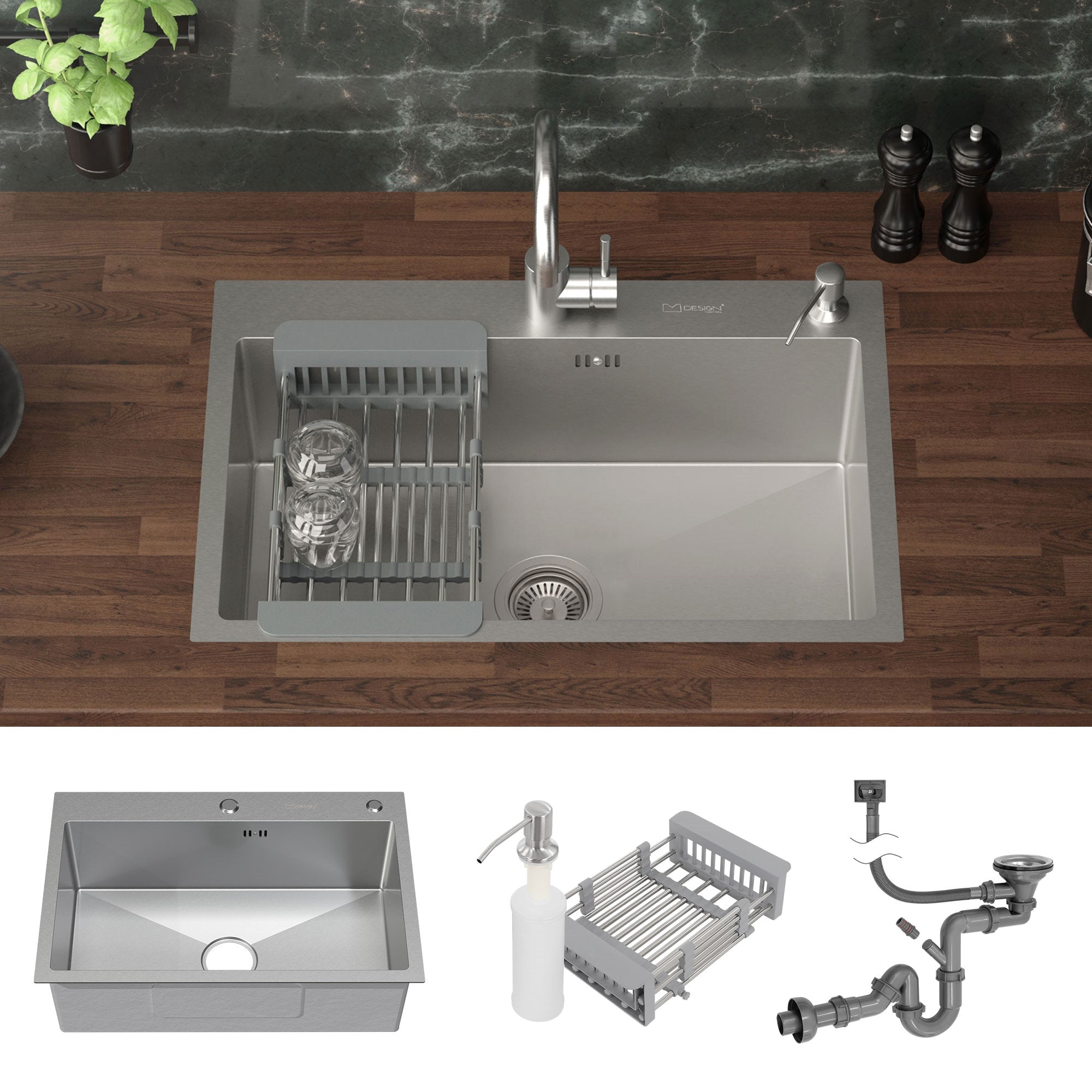 Küchenspüle in Grau mit Geschirr, Abtropfgestell und Wasserhahn.