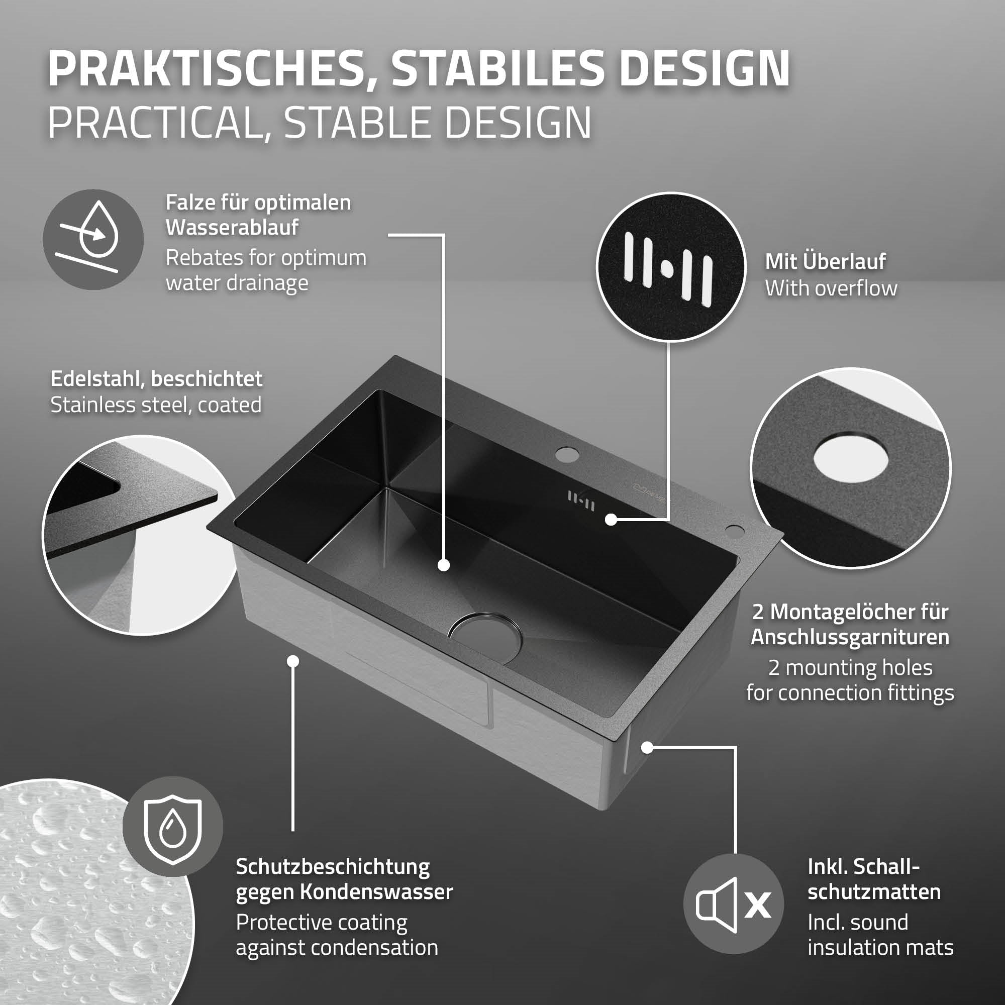 Vask i antracit med tekniske detaljer og dimensioner.