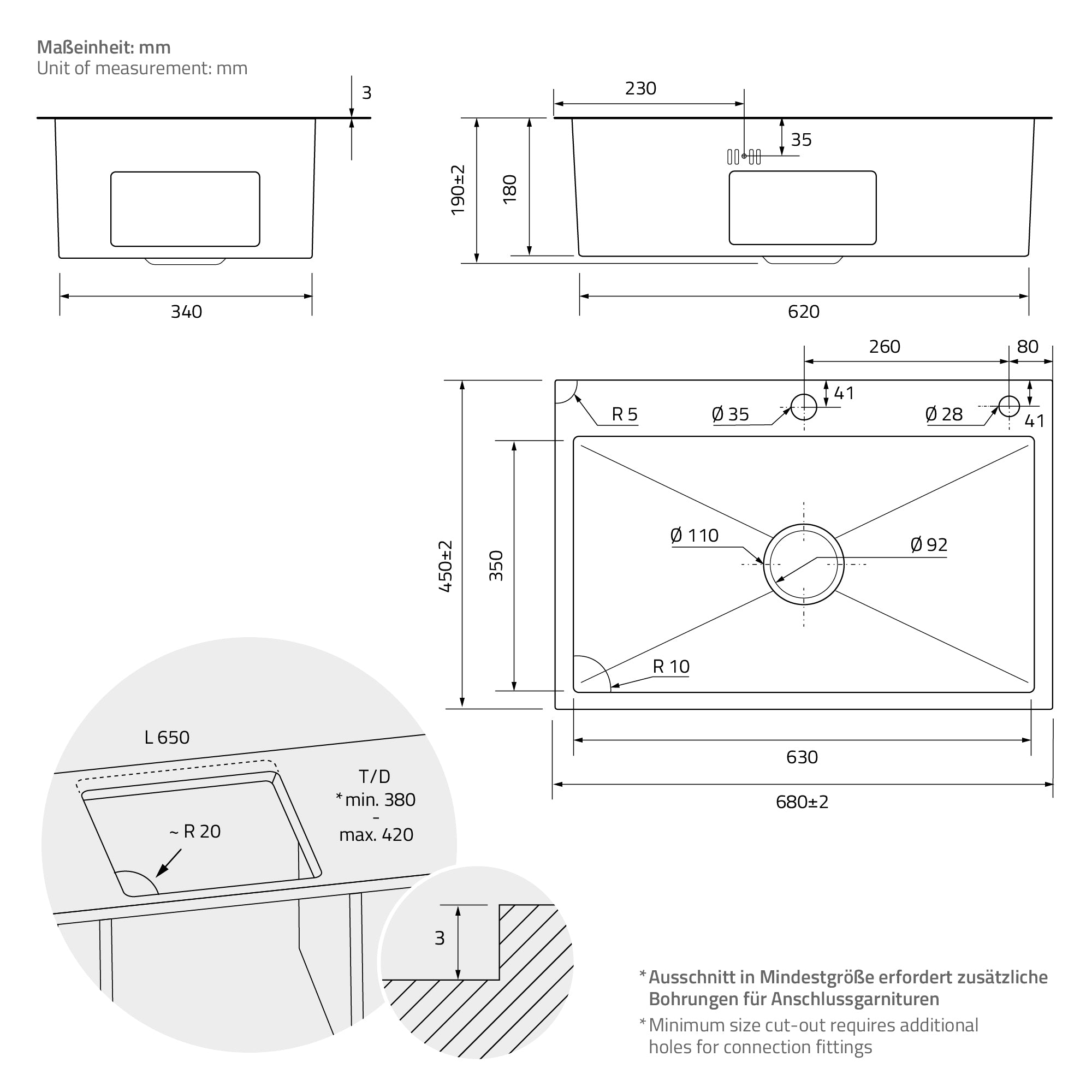 Teknisk tegning af en vask med mål i millimeter.