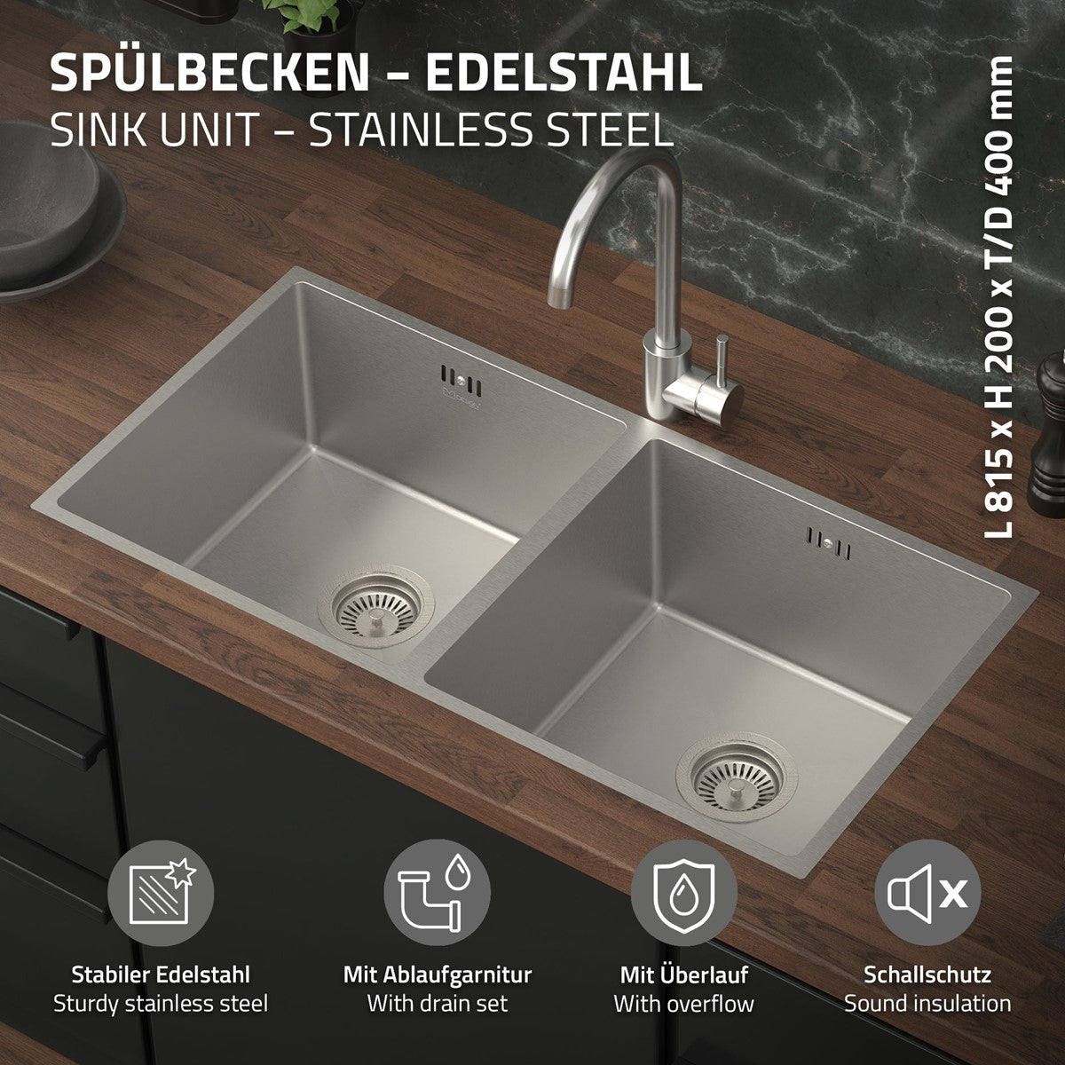 Spülbecken aus Edelstahl mit zwei Becken und Ablaufgarnitur.