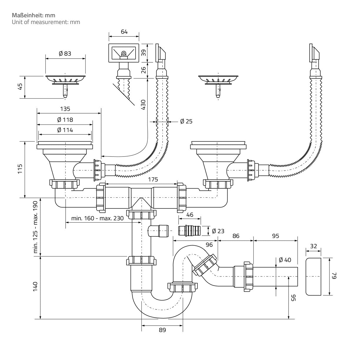 Dessin technique d’une bonde avec dimensions en millimètres.