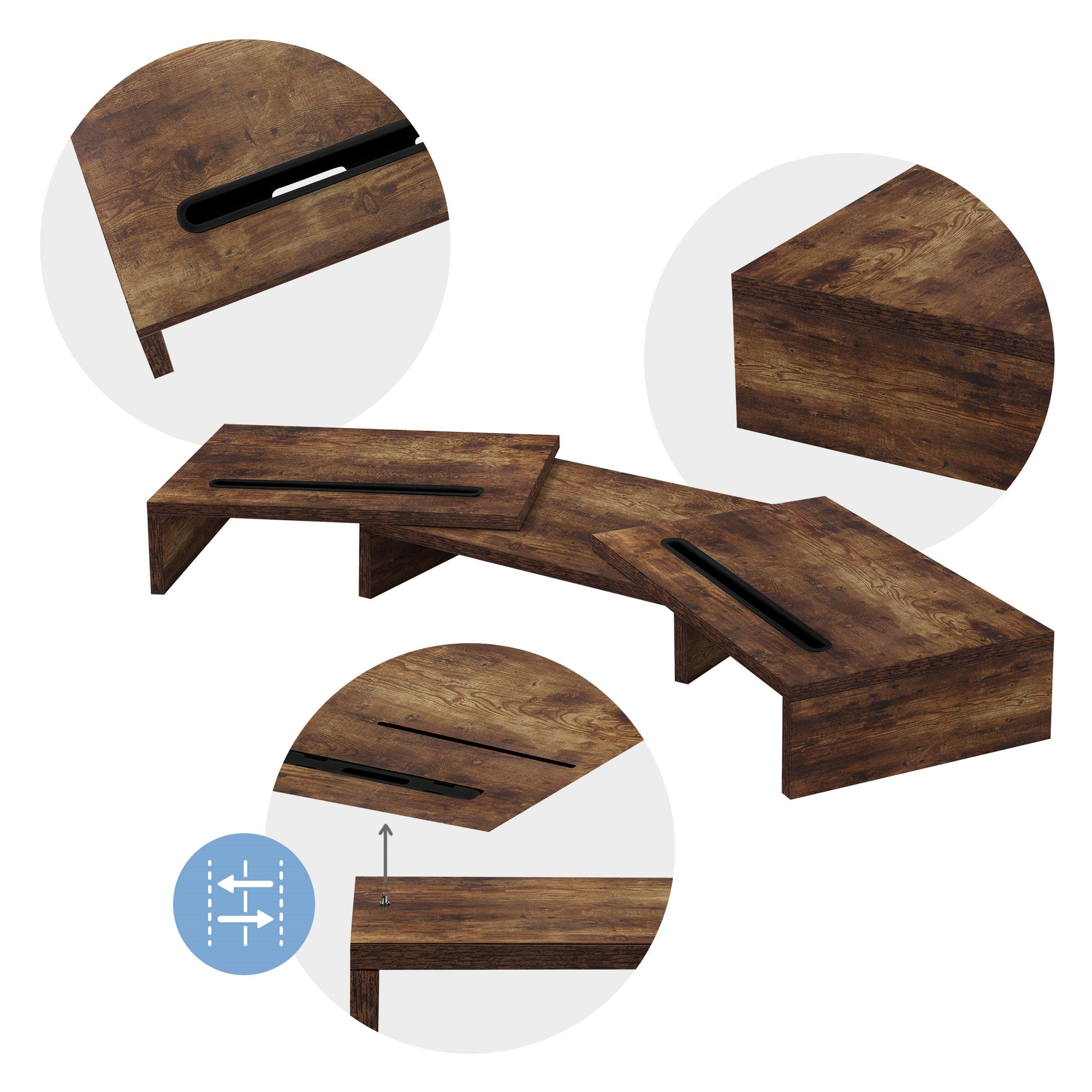 Table en bois avec différentes vues, montrant les détails et les connexions.