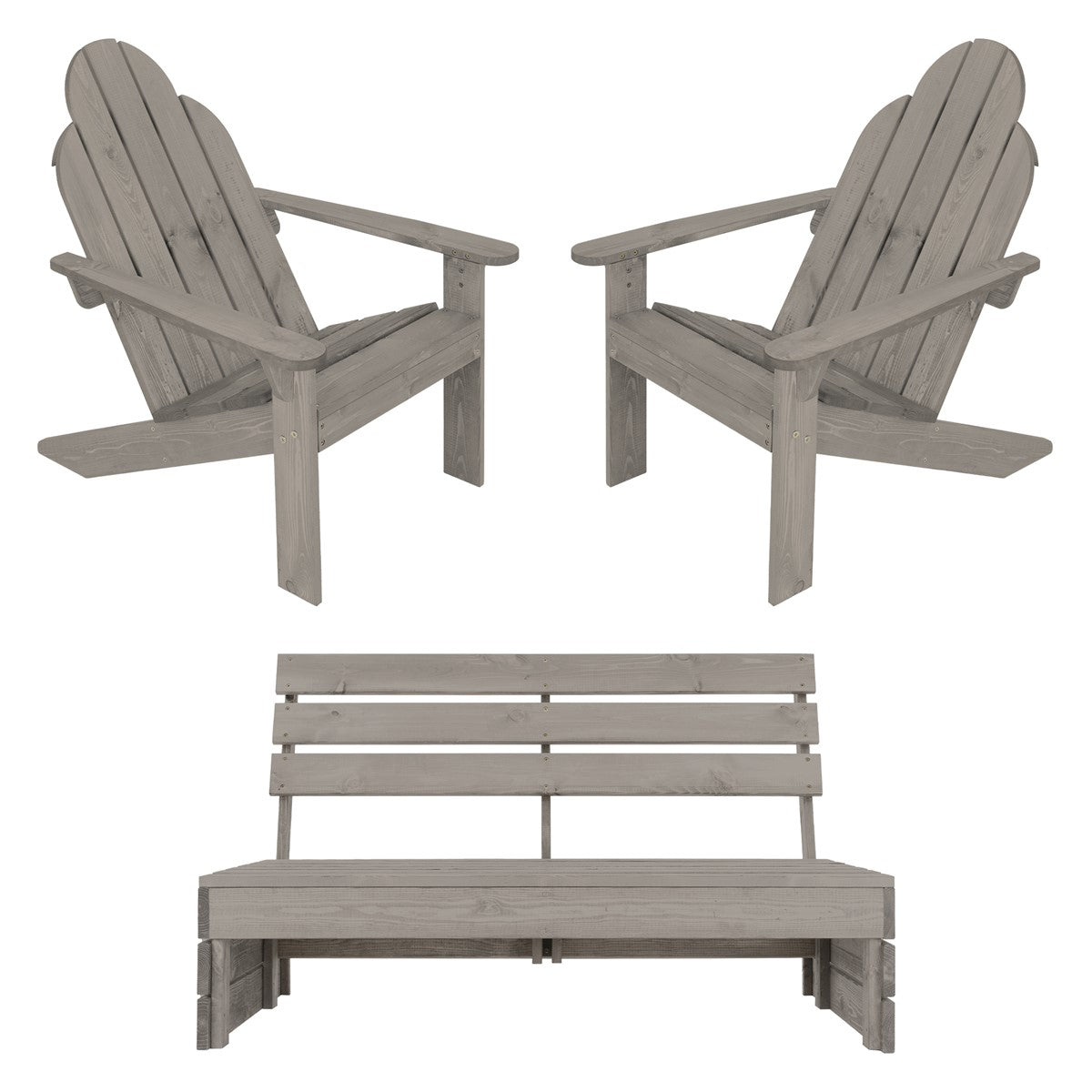 Two gray wooden chairs and a garden bench in one view.