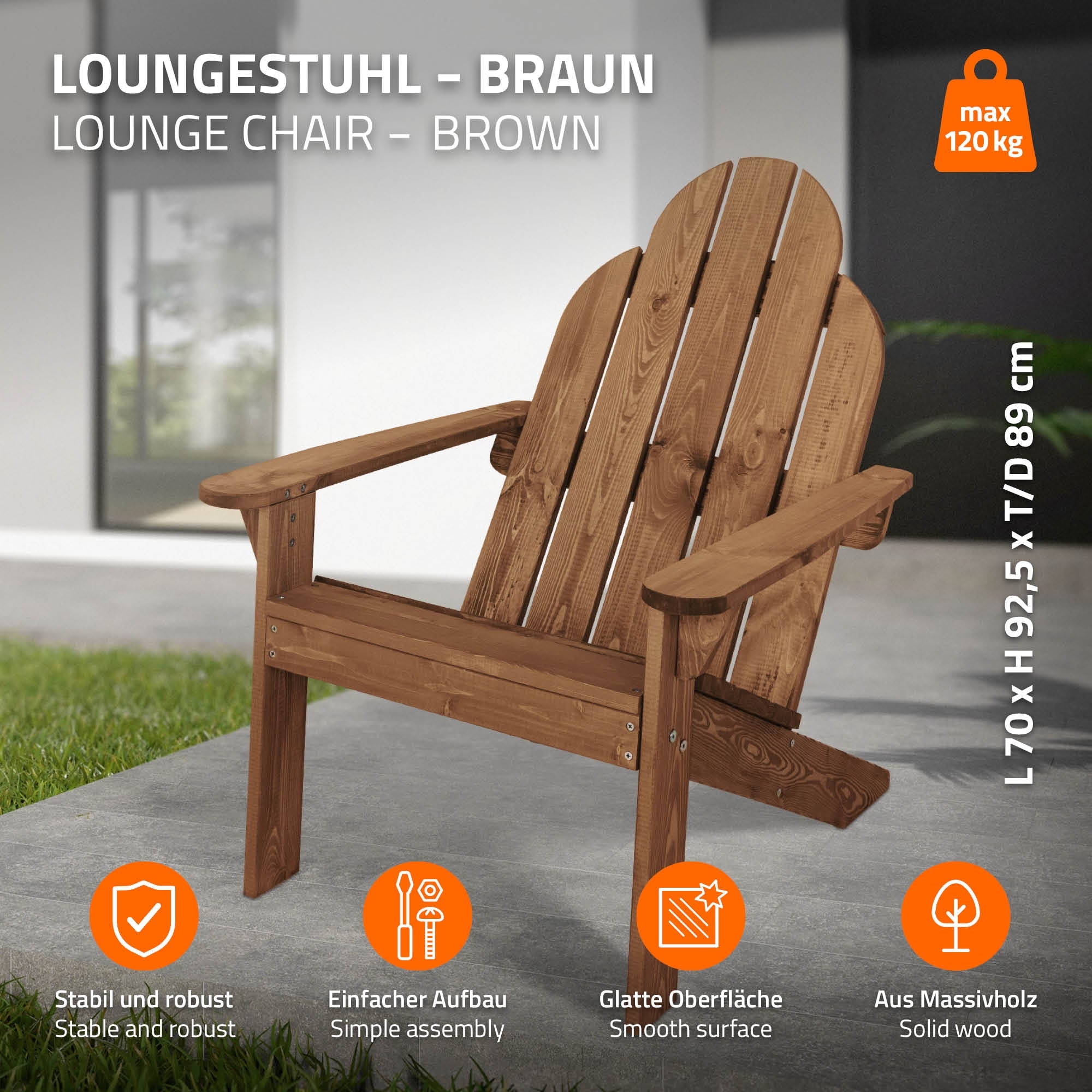 Ein brauner Loungestuhl aus Holz mit stabiler Konstruktion.