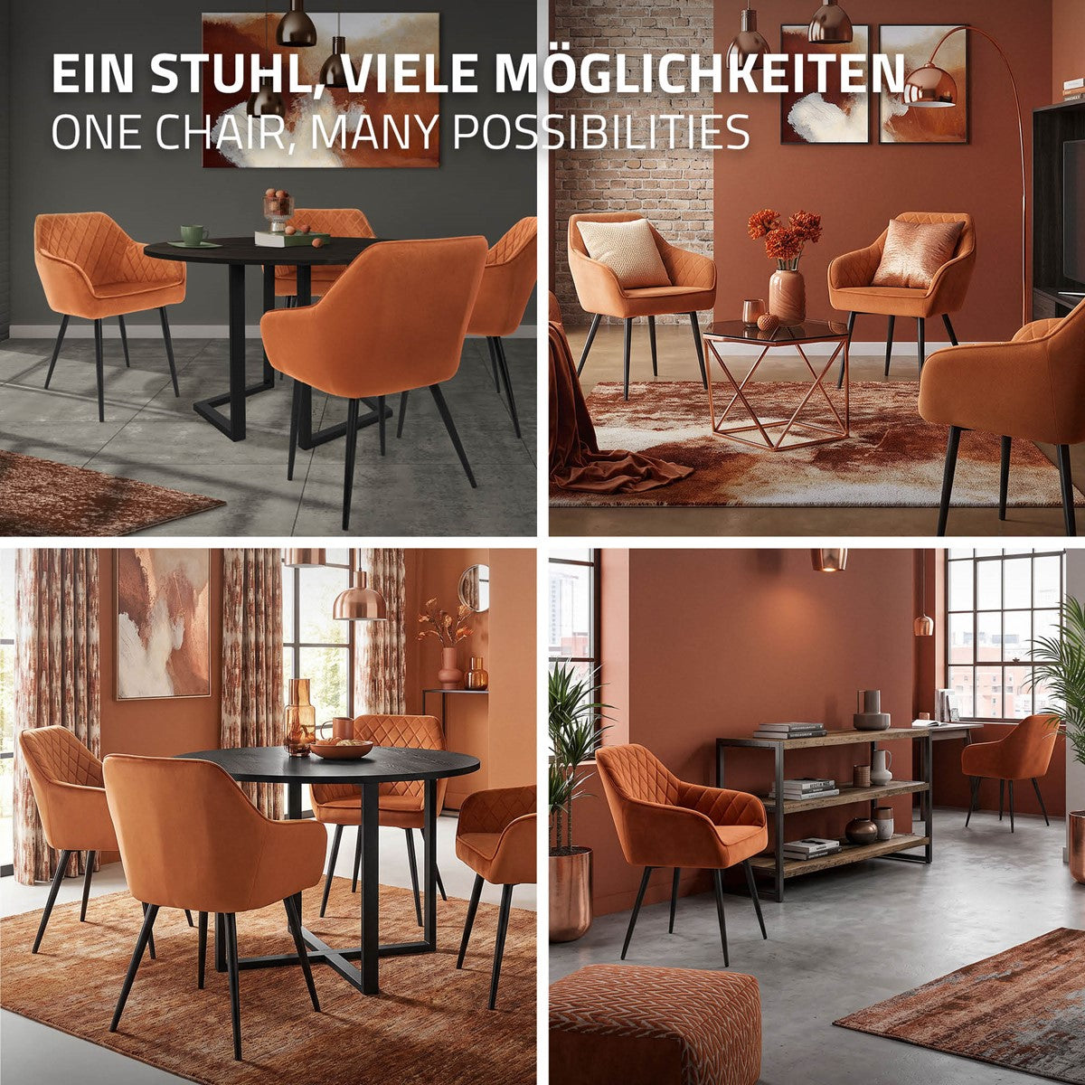 Vier afbeeldingen tonen verschillende kamers met oranje stoelen en een ronde tafel.