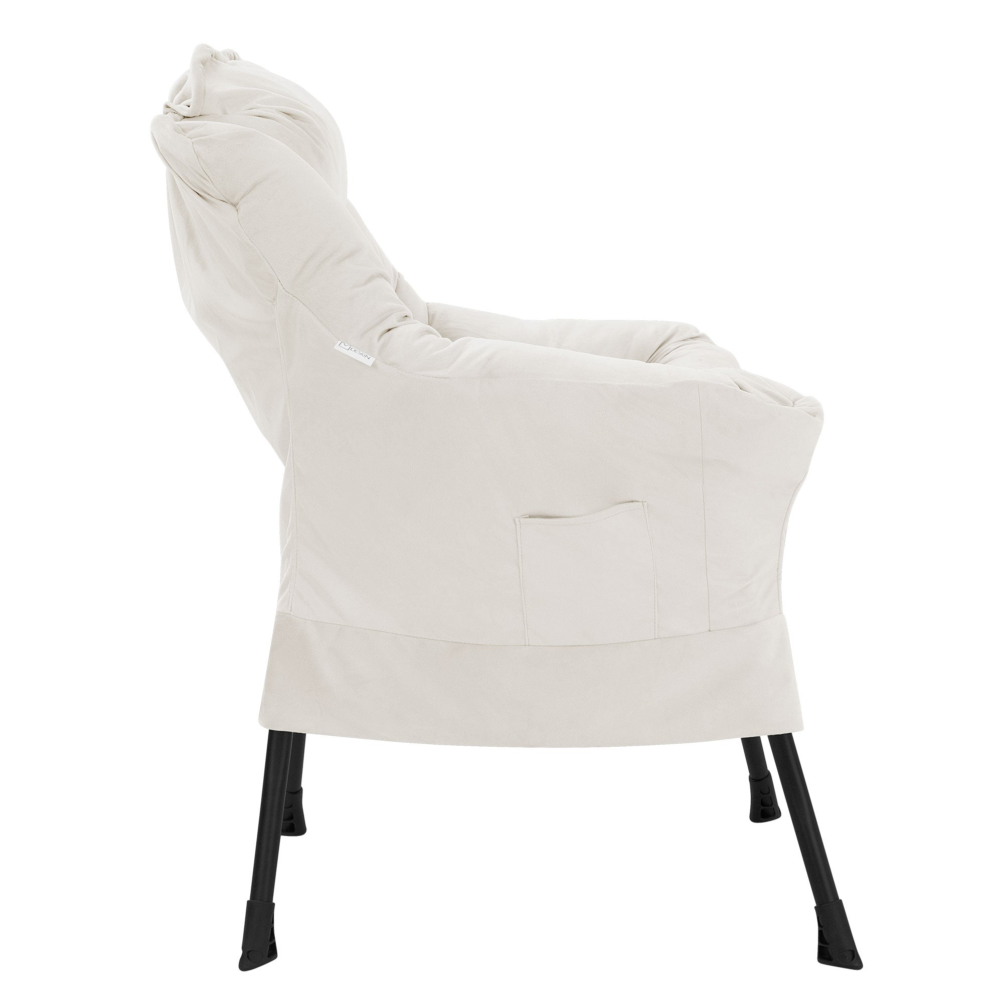 Beige nojatuoli sivulta, mustalla rungolla.