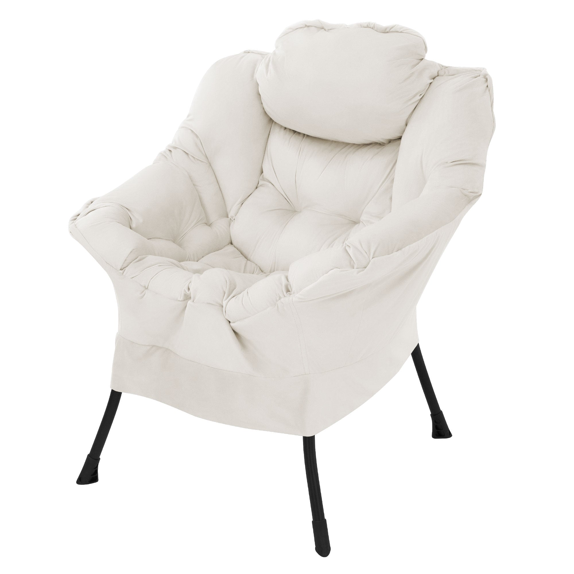 Beige, verhoiltu nojatuoli pyöreillä käsinojilla ja mustilla jaloilla.