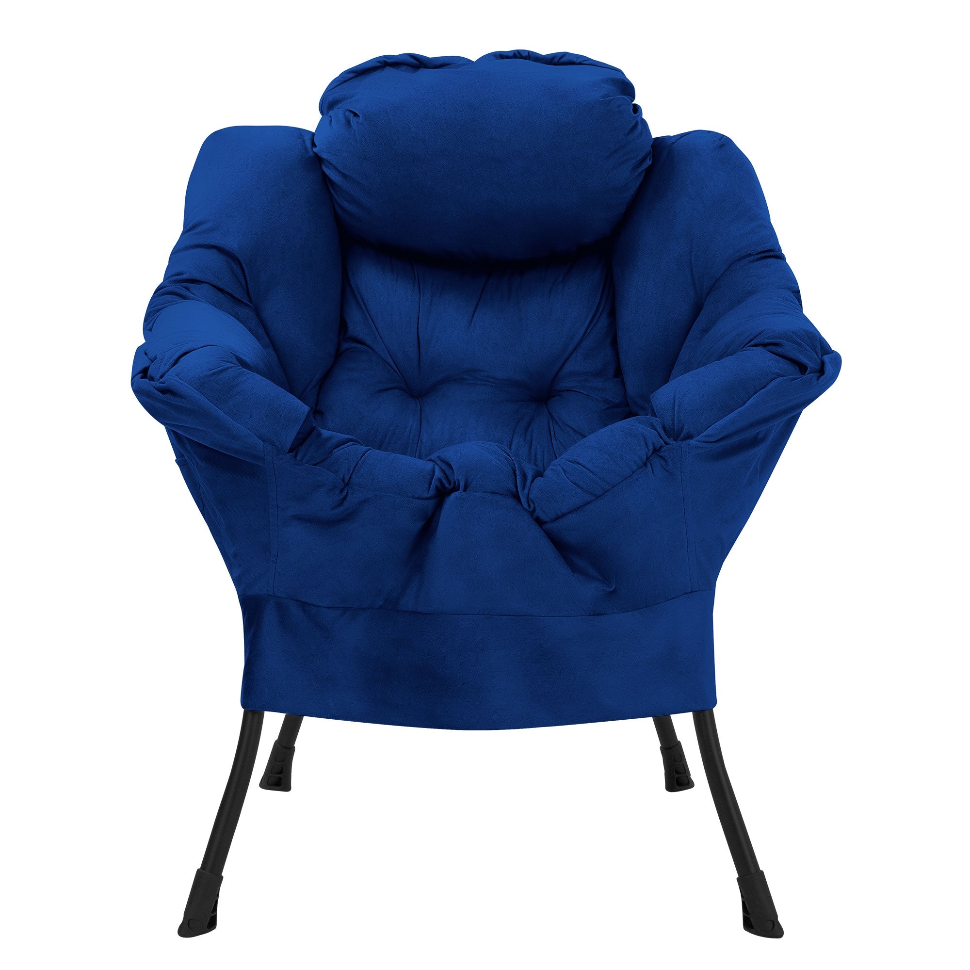 Blauer Sessel mit gepolstertem Rücken und Armlehnen.