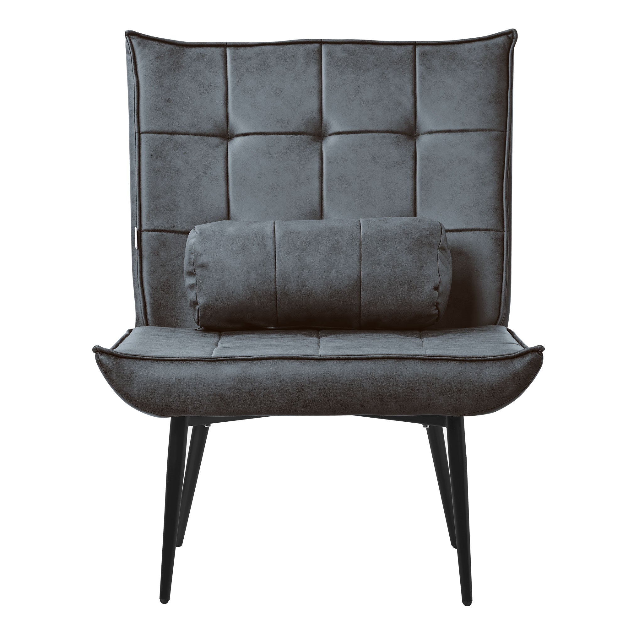 Grauer Sessel mit Kissen, quadratisches Design und schwarze Beine.