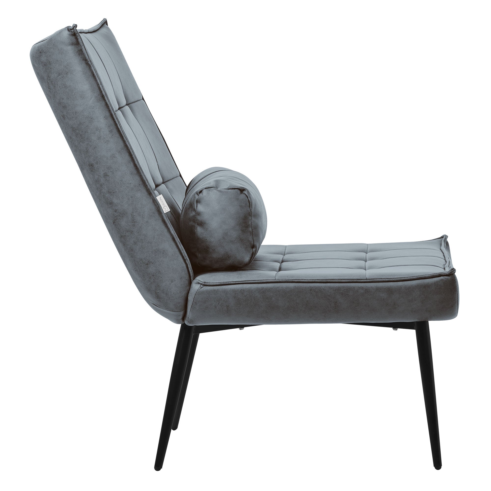 Poltrona grigio-blu con cuscino rotondo, vista laterale.