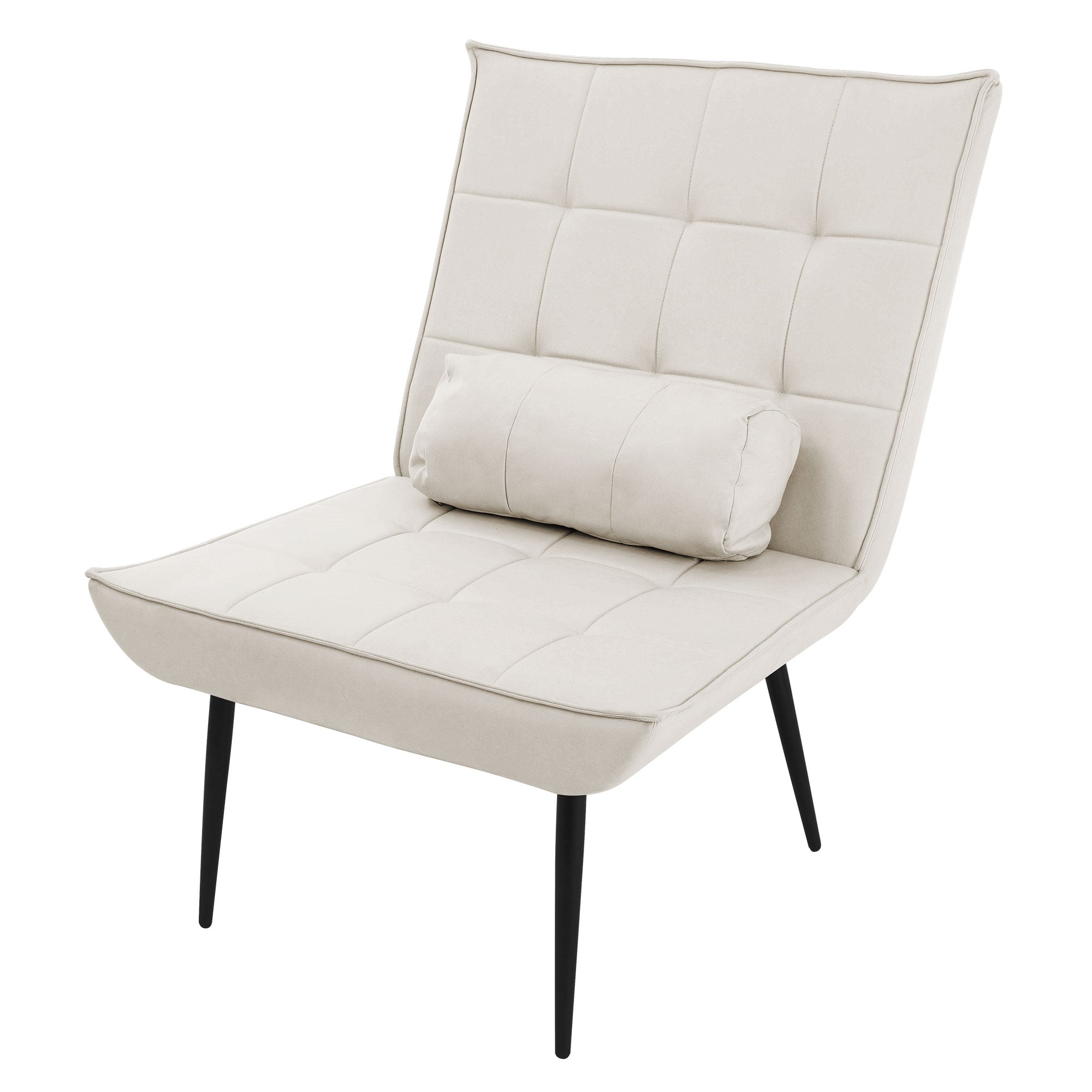 Ein heller Sessel mit quadratischer Polsterung und einem Kissen.