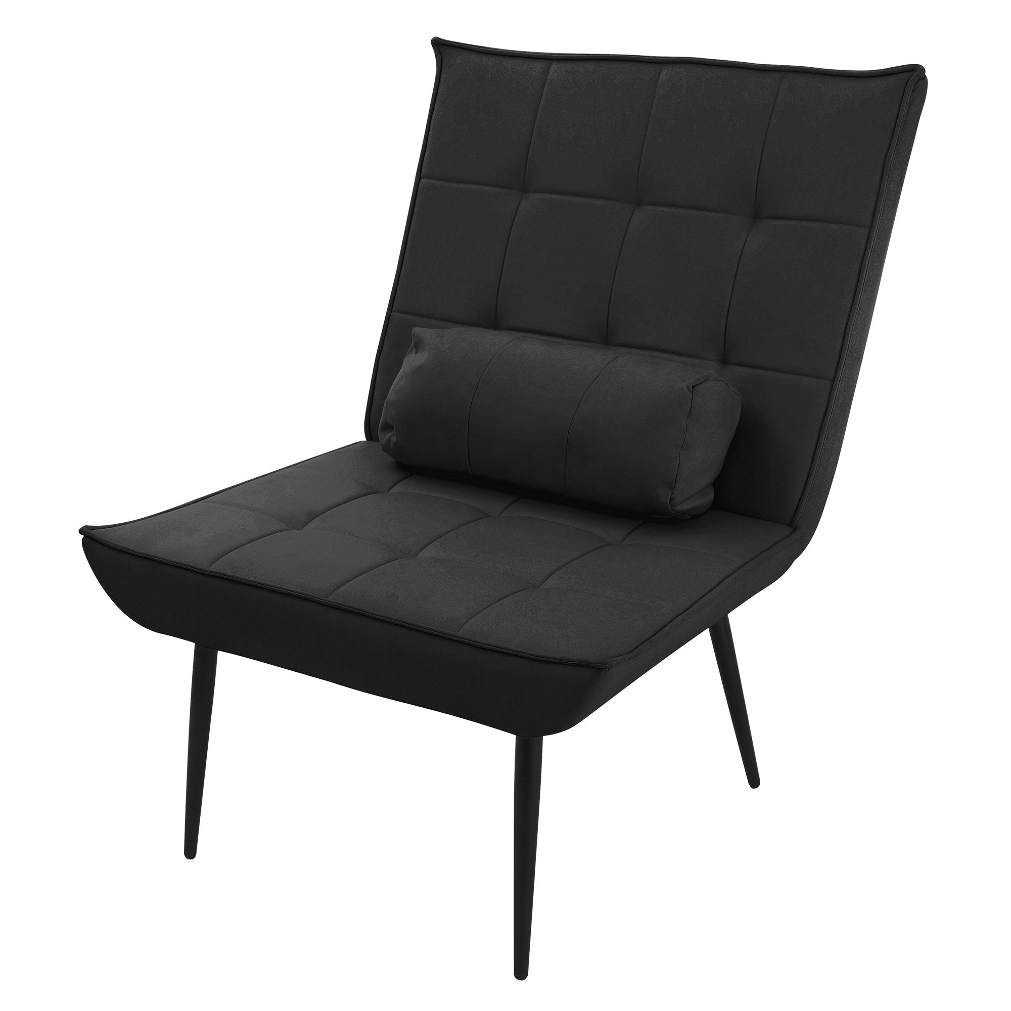 Schwarzer Relaxsessel mit Kissen und gestepptem Design.