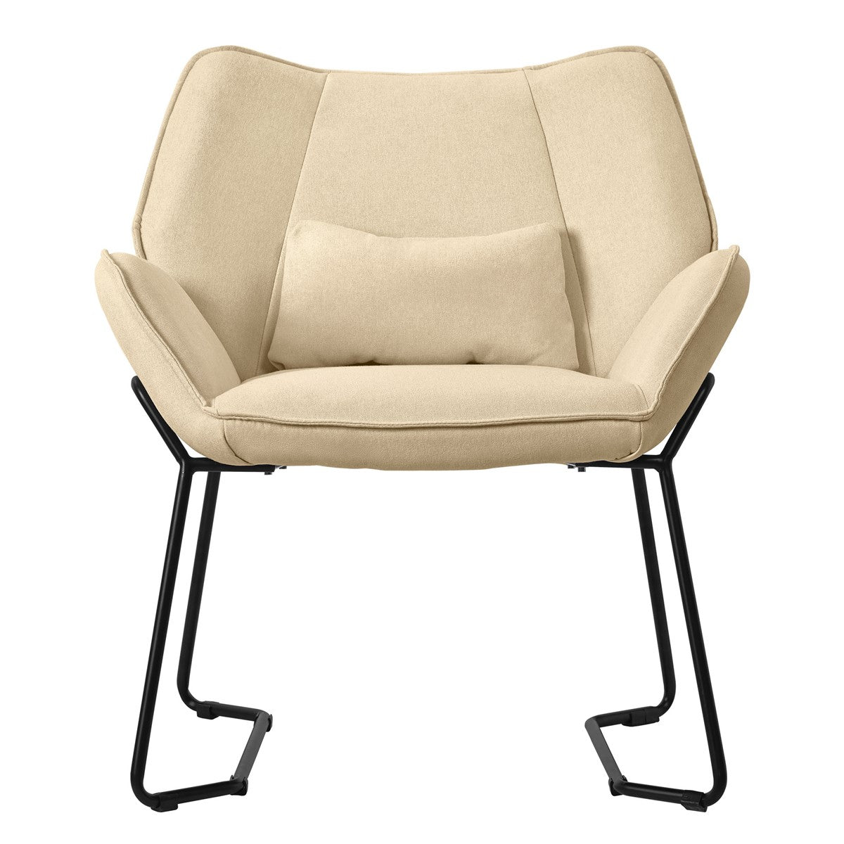 Beiger Sessel mit Kissen und schwarzem Gestell, frontale Ansicht.