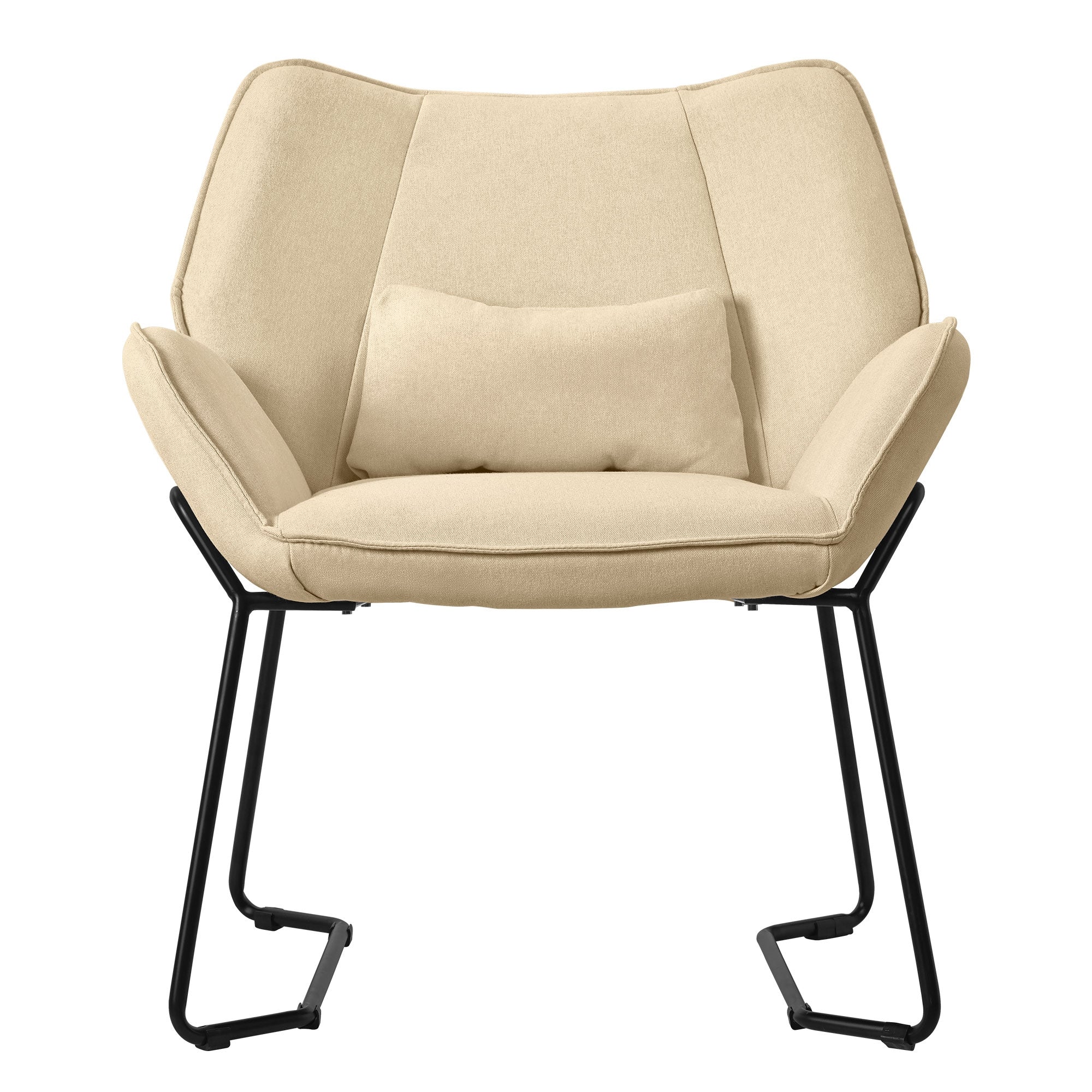 Beiger Sessel mit Kissen und schwarzem Gestell, frontale Ansicht.