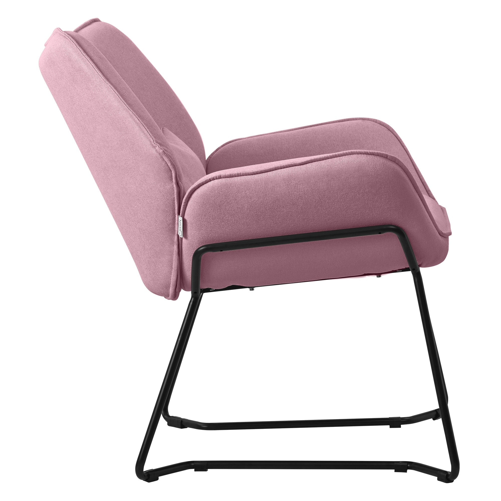 Pink chair with padded seat and black frame, side view.
