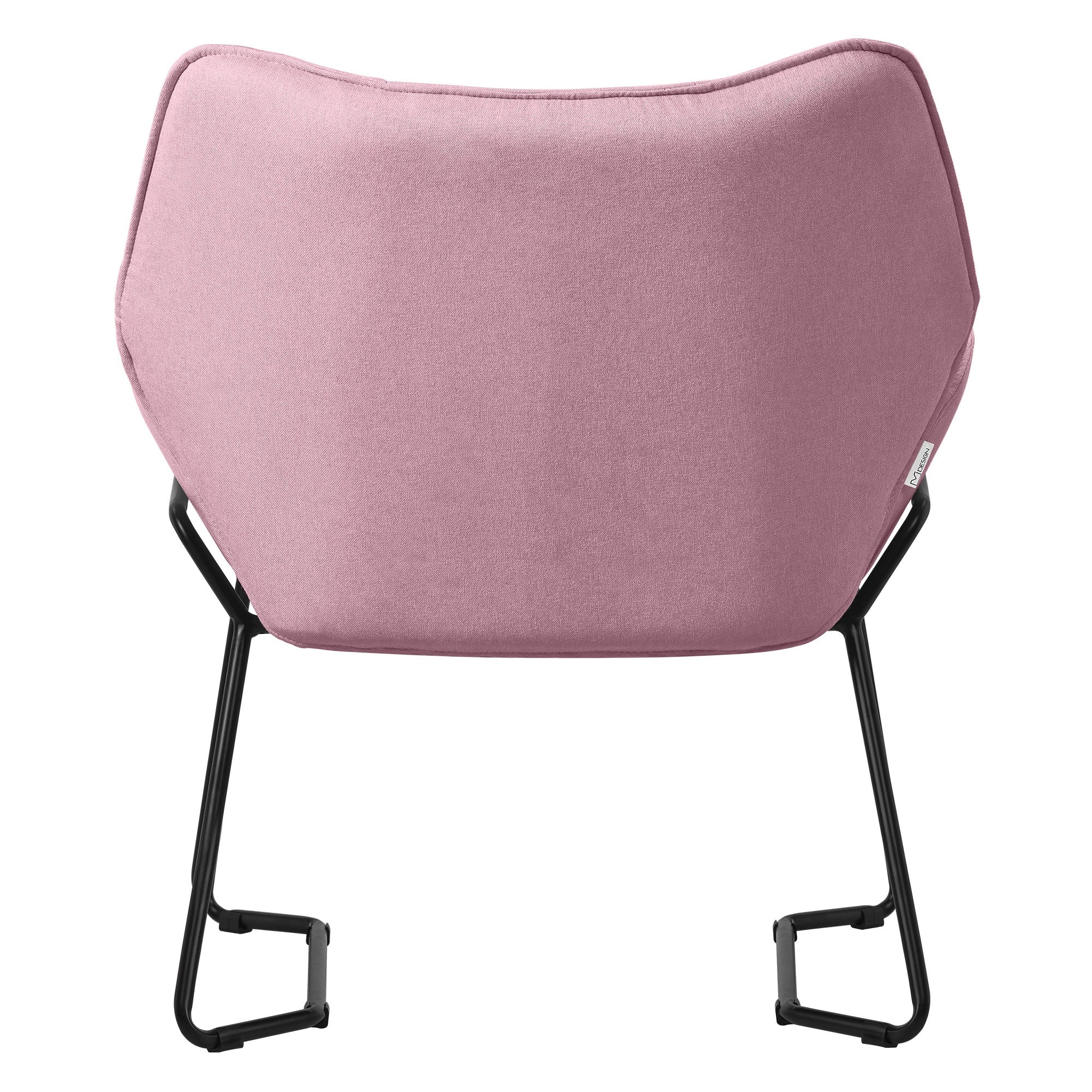 A pink chair from the back, with a black frame.