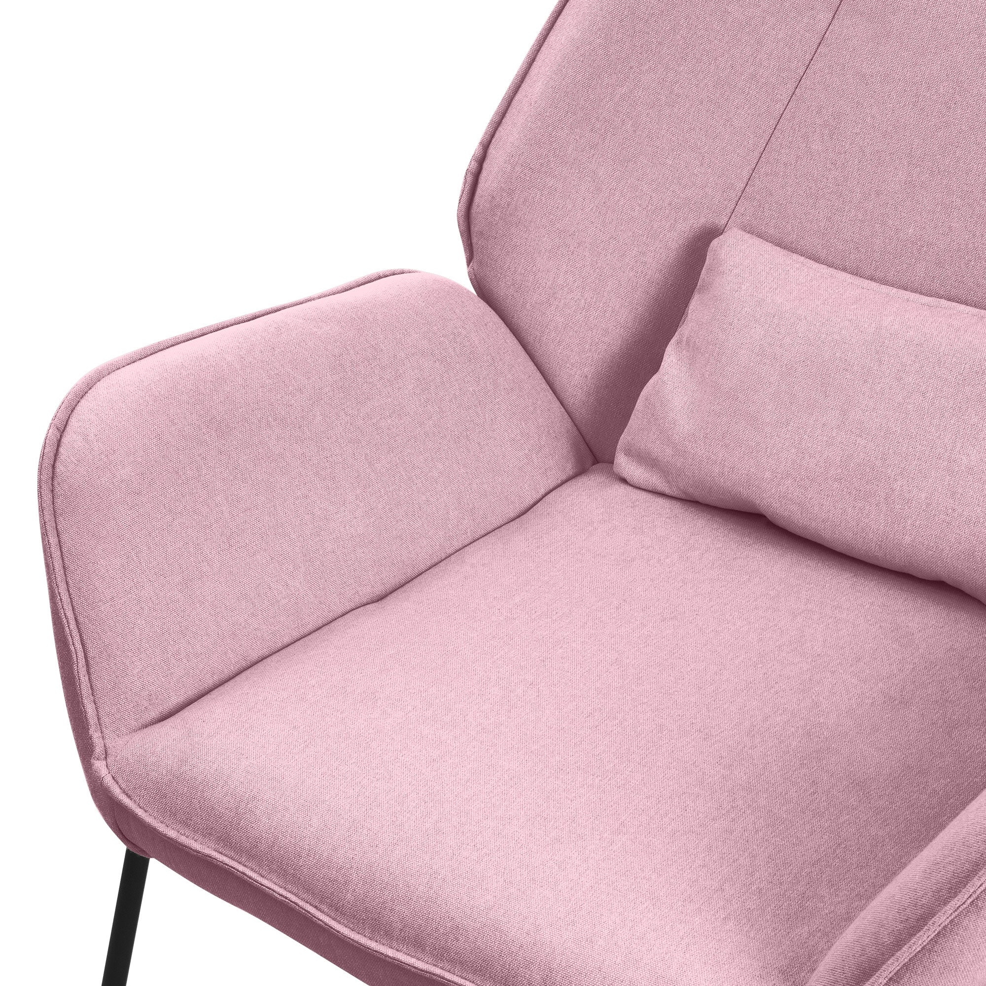 Pink reclining chair with cushions, padded, on a white background.
