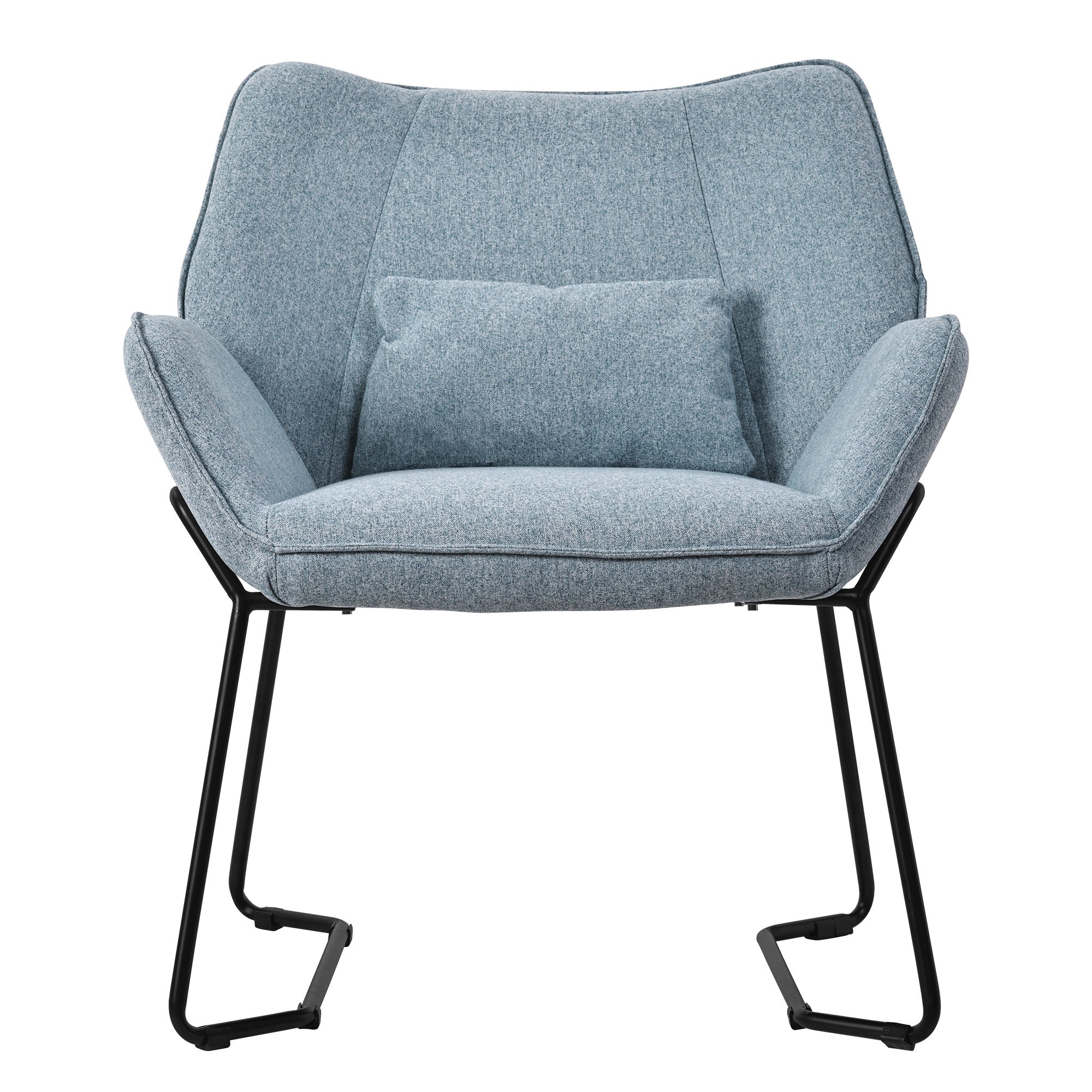 Blauer Sessel mit Kissen, frontal aufgenommen.