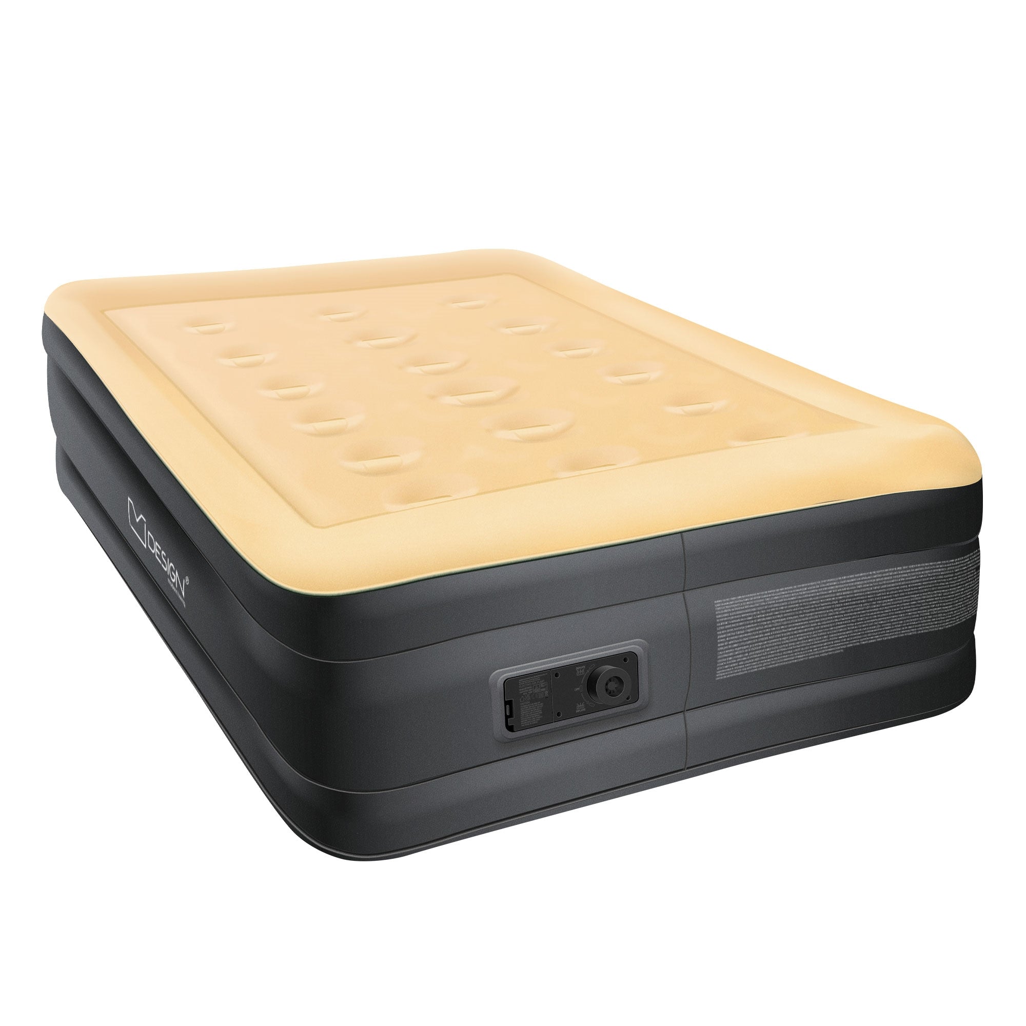 Aufblasbares Luftbett in beige, seitliche Ansicht mit Ventil.