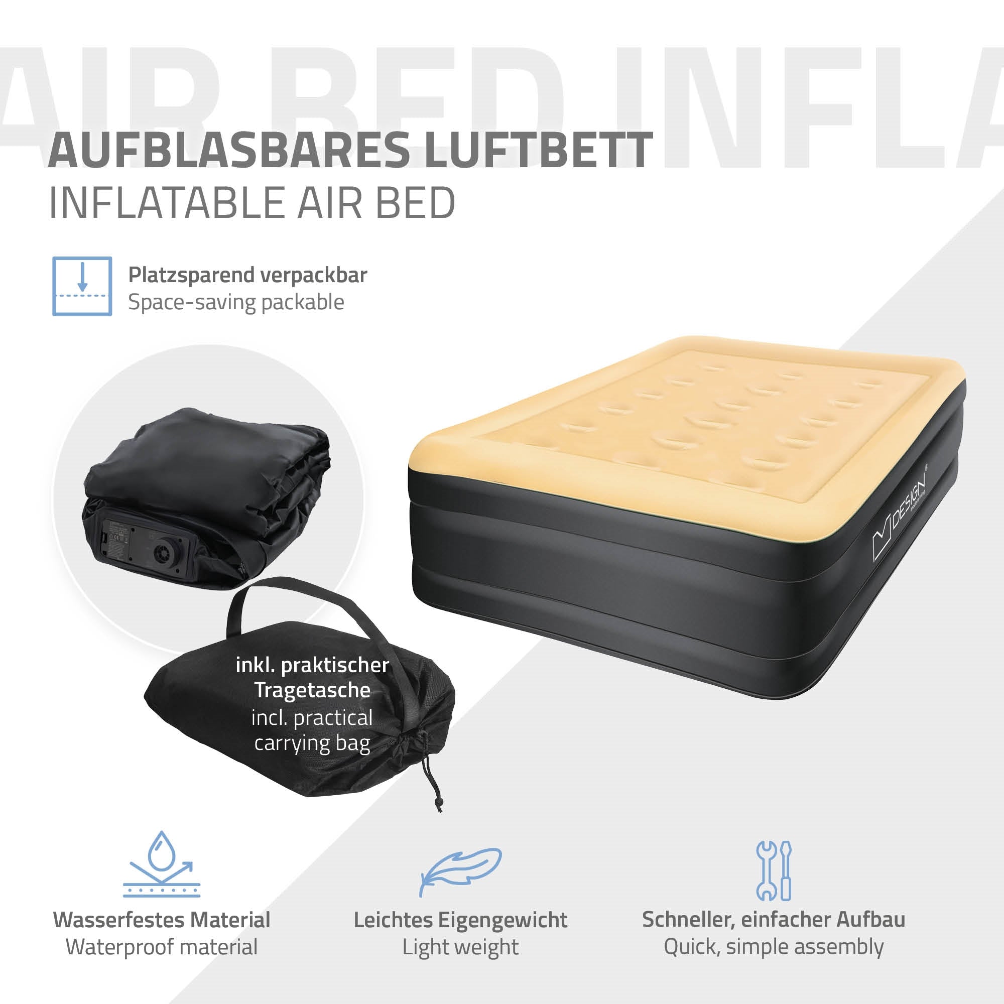 Aufblasbares Luftbett in beige mit schwarzem Rand und Tragetasche.