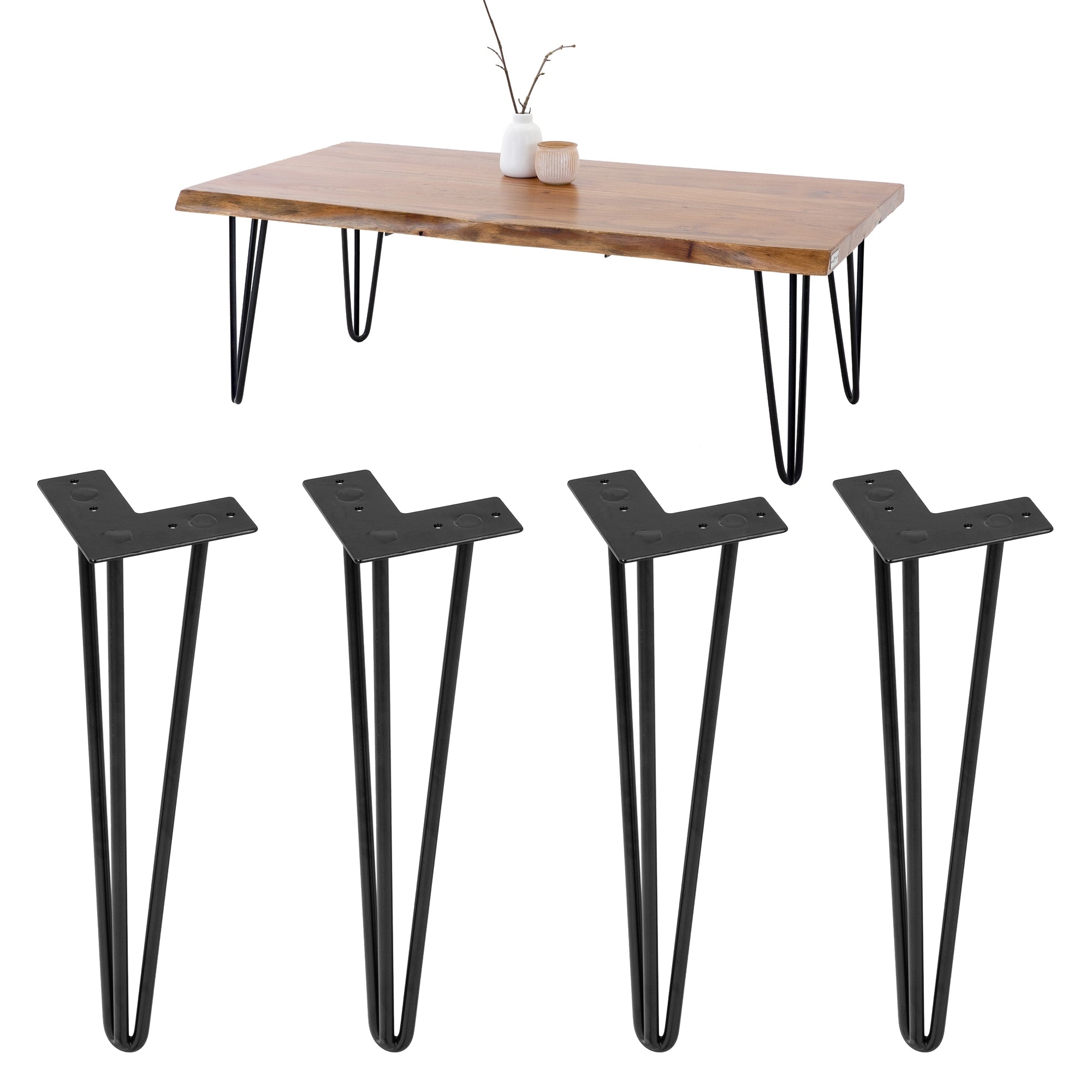 Holztisch mit zwei Vasen und vier Tischbeinen.