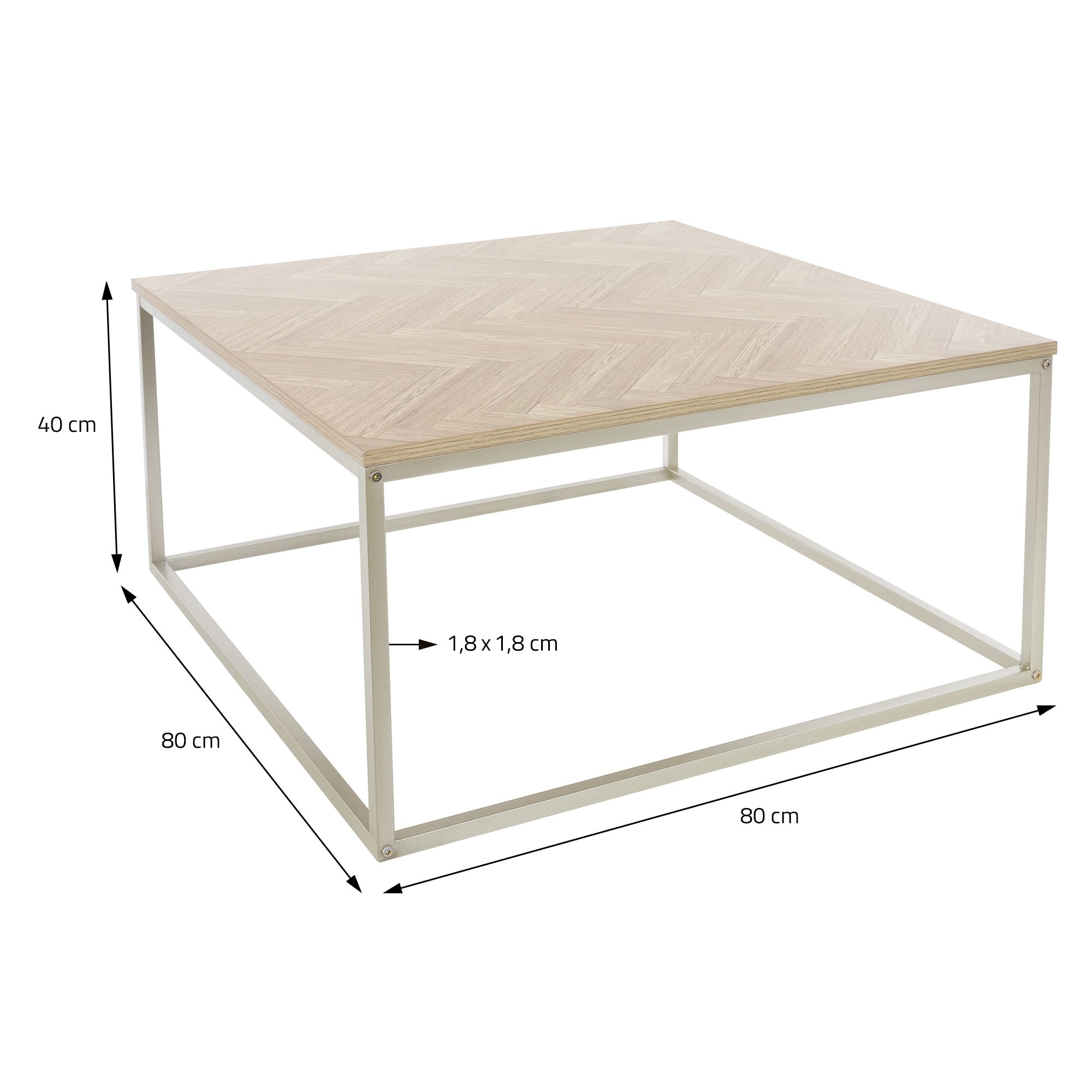 Dessin technique d'une table carrée avec un plateau en bois et une structure en métal.