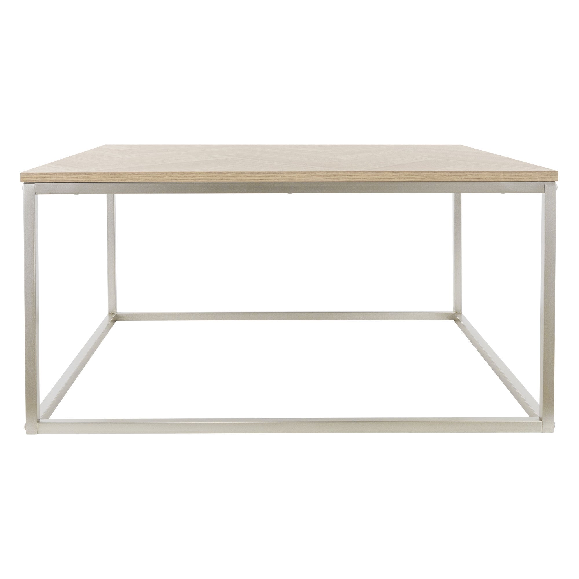 Ein quadratischer Tisch mit einem Holzoberfläche und einem Metallgestell.
