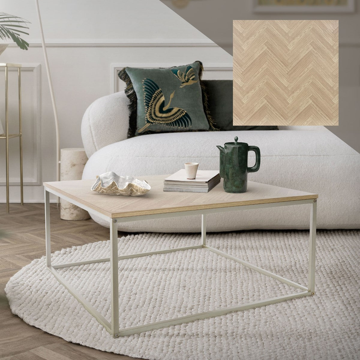 A coffee table with a wooden surface and a green jug on a rug.