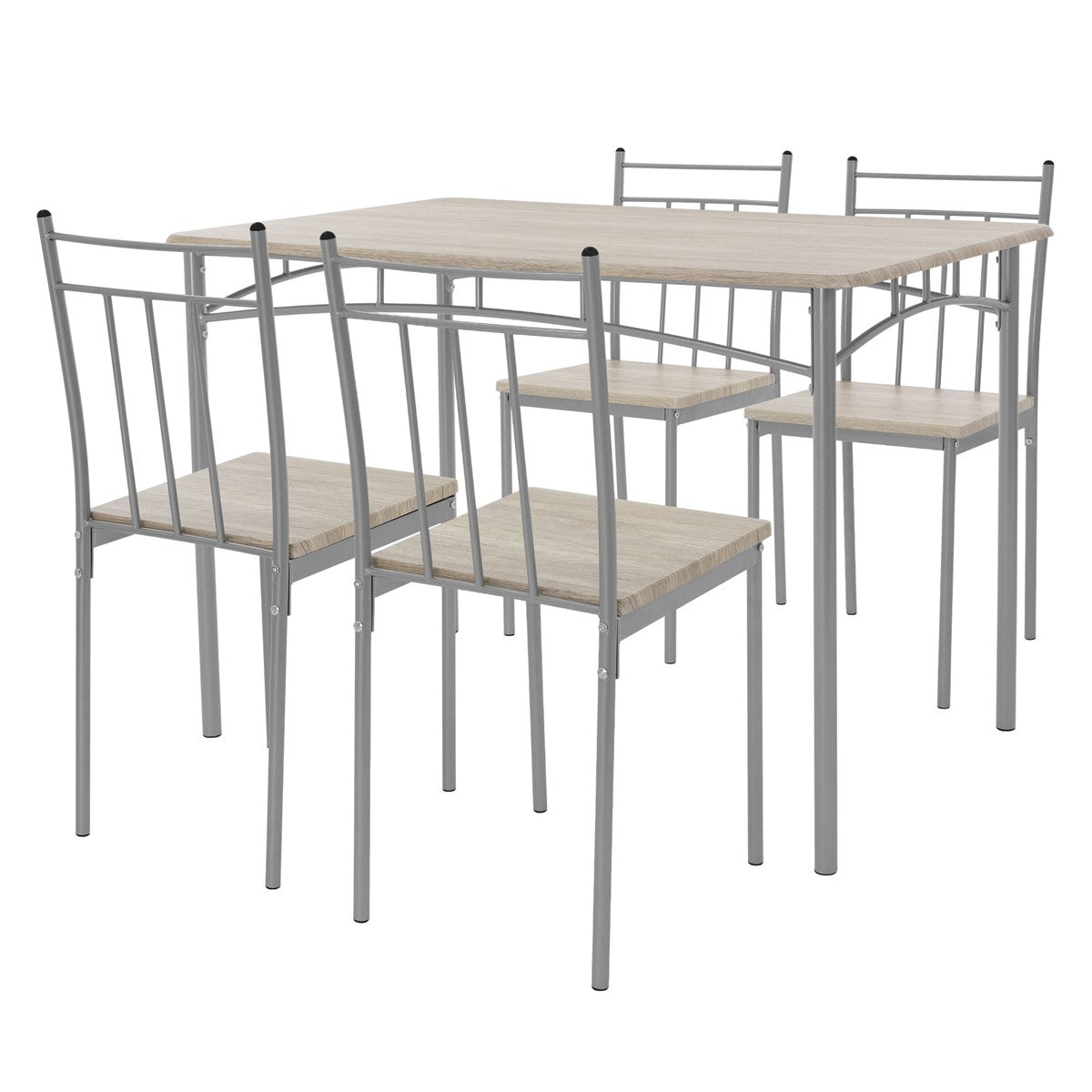Una mesa con cuatro sillas, todas con un acabado de madera clara.