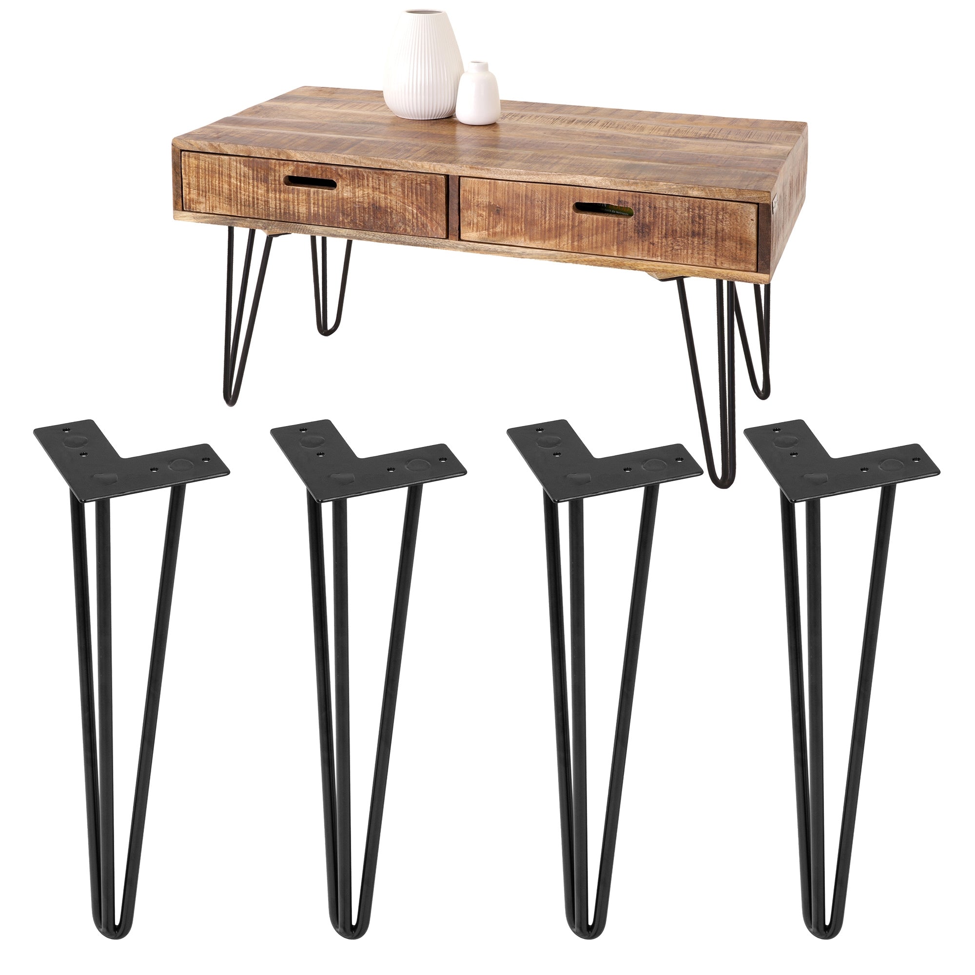 Ein Tisch mit zwei Schubladen und vier Tischbeinen.