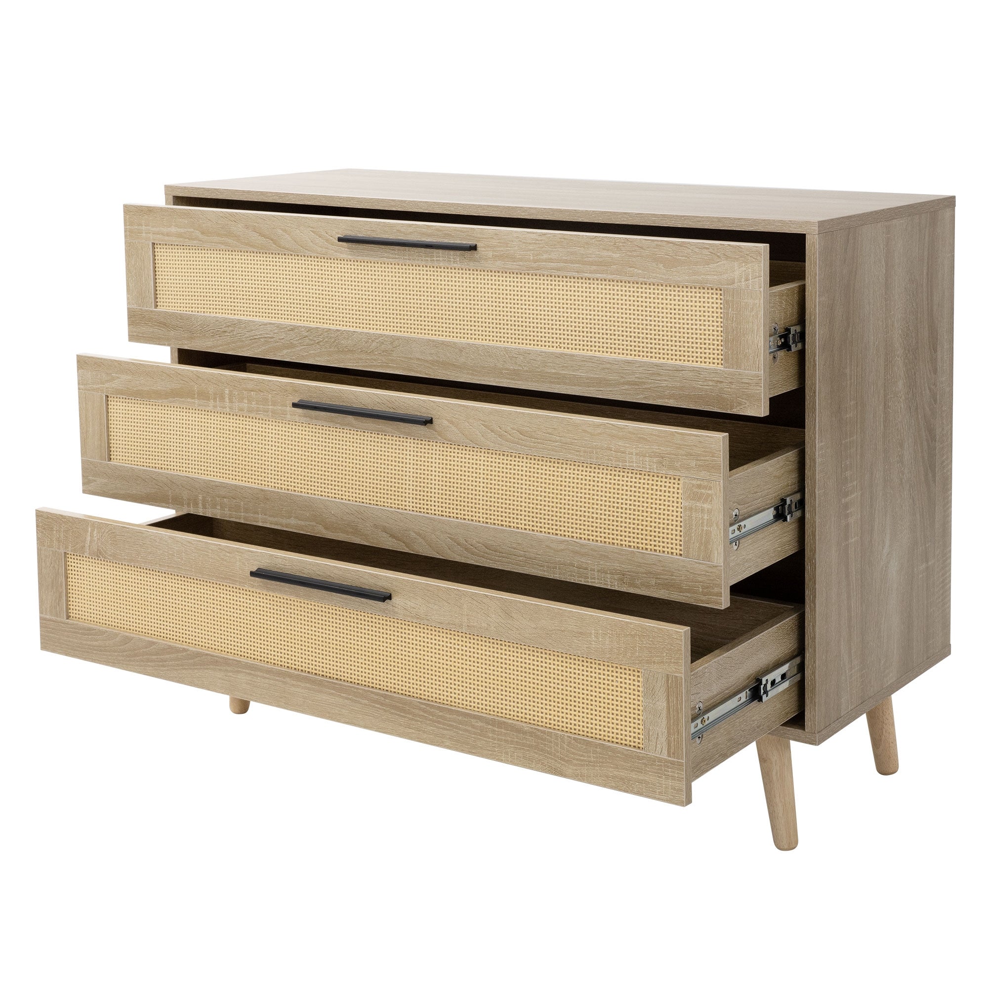 Commode avec trois tiroirs en bois et rotin.