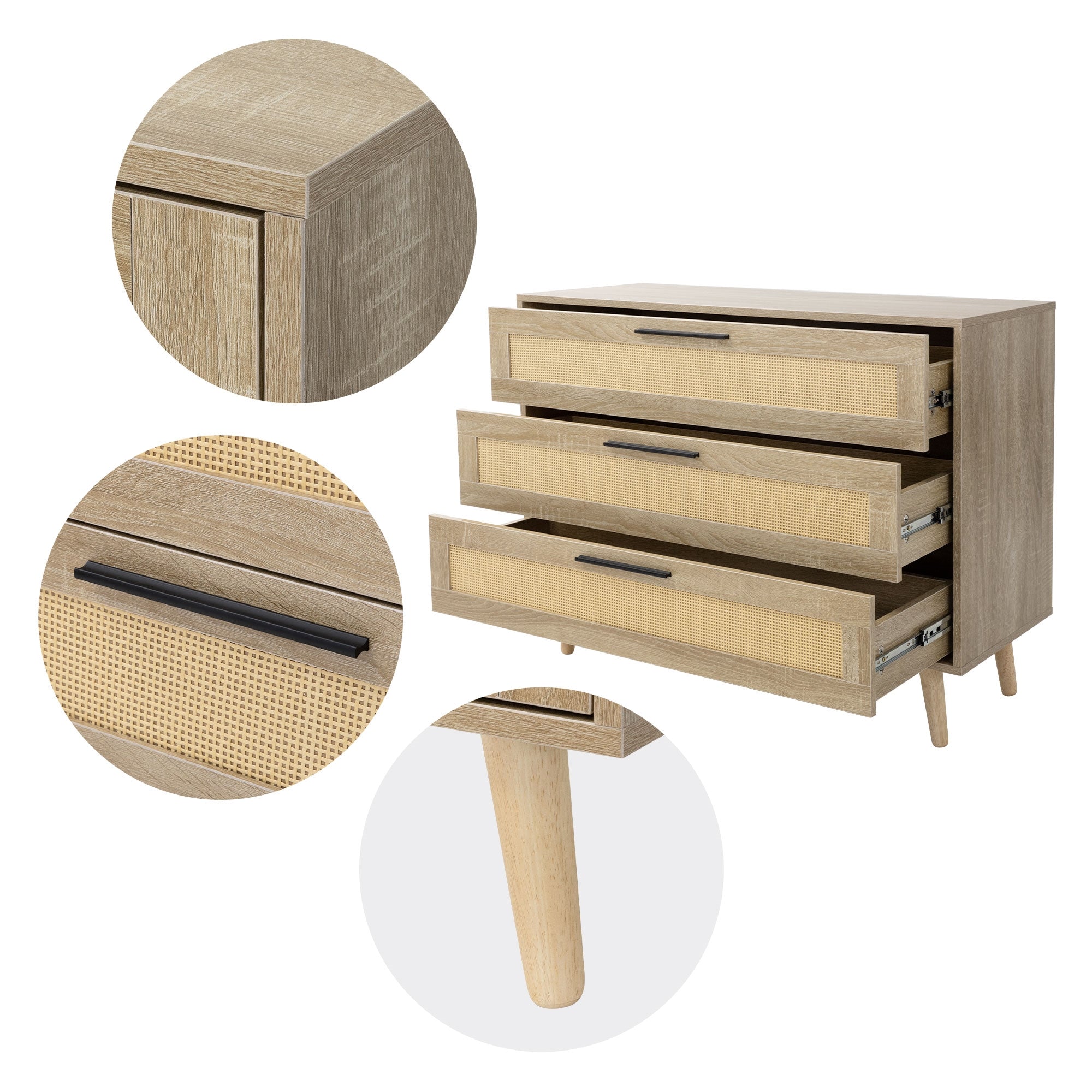 Vue détaillée d'un meuble avec tiroirs et pieds en bois, éléments en rotin.