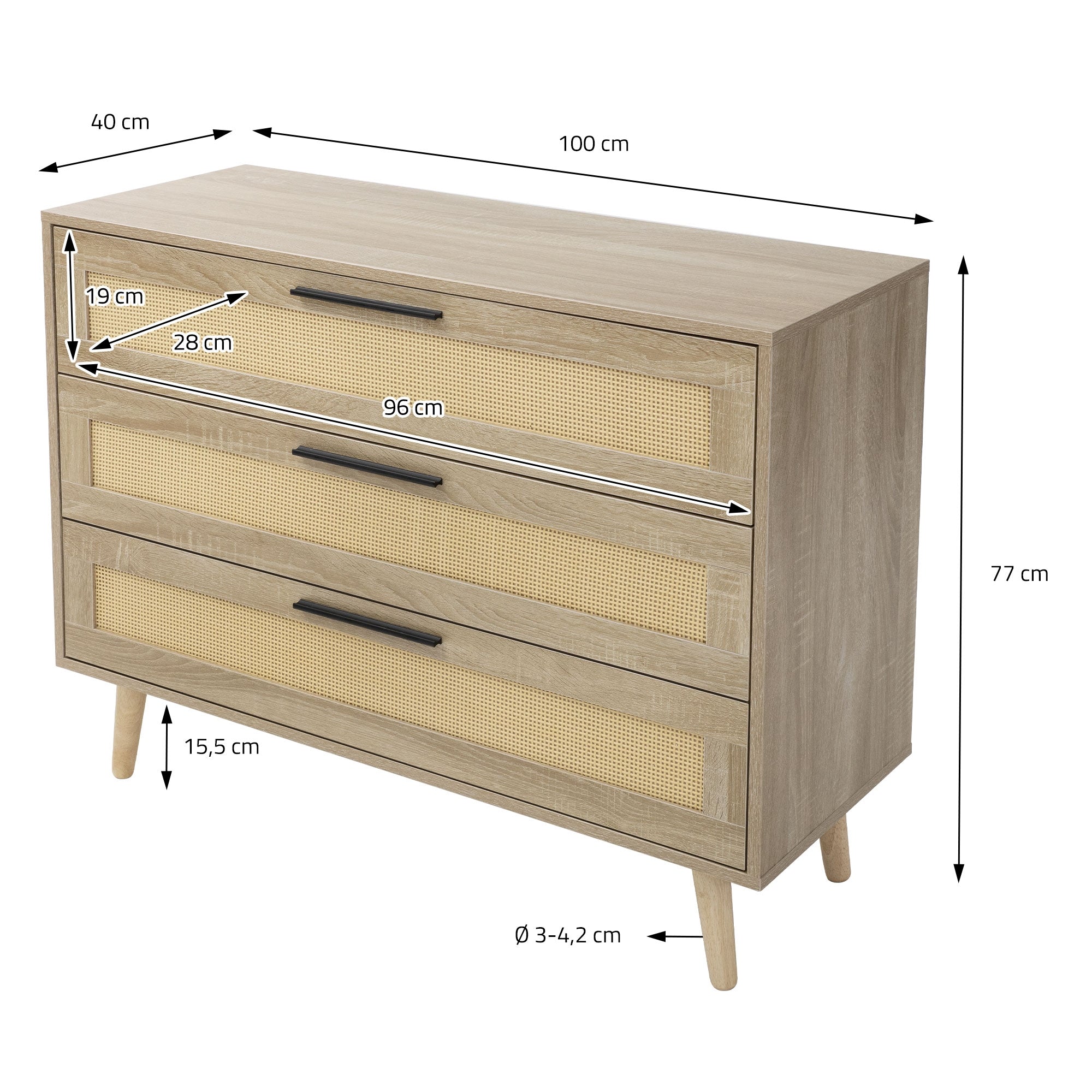 Une commode avec trois tiroirs et dimensions en cm.