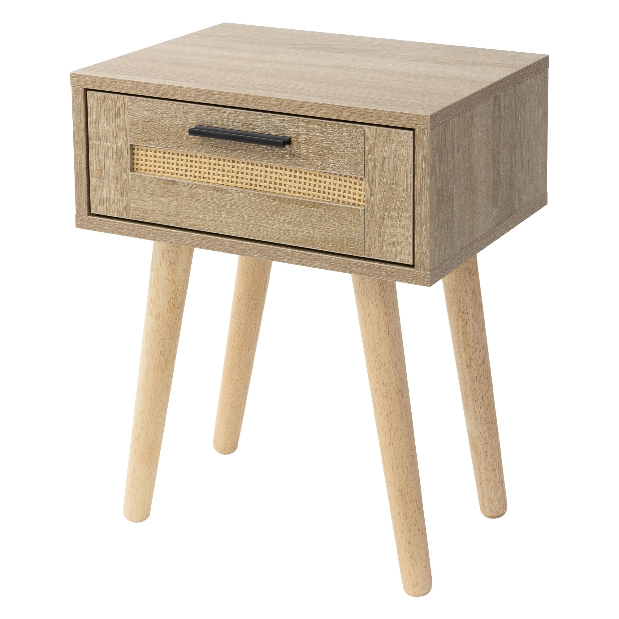 Holzkommode mit einer Schublade und Rattan-Element, auf vier Beinen.