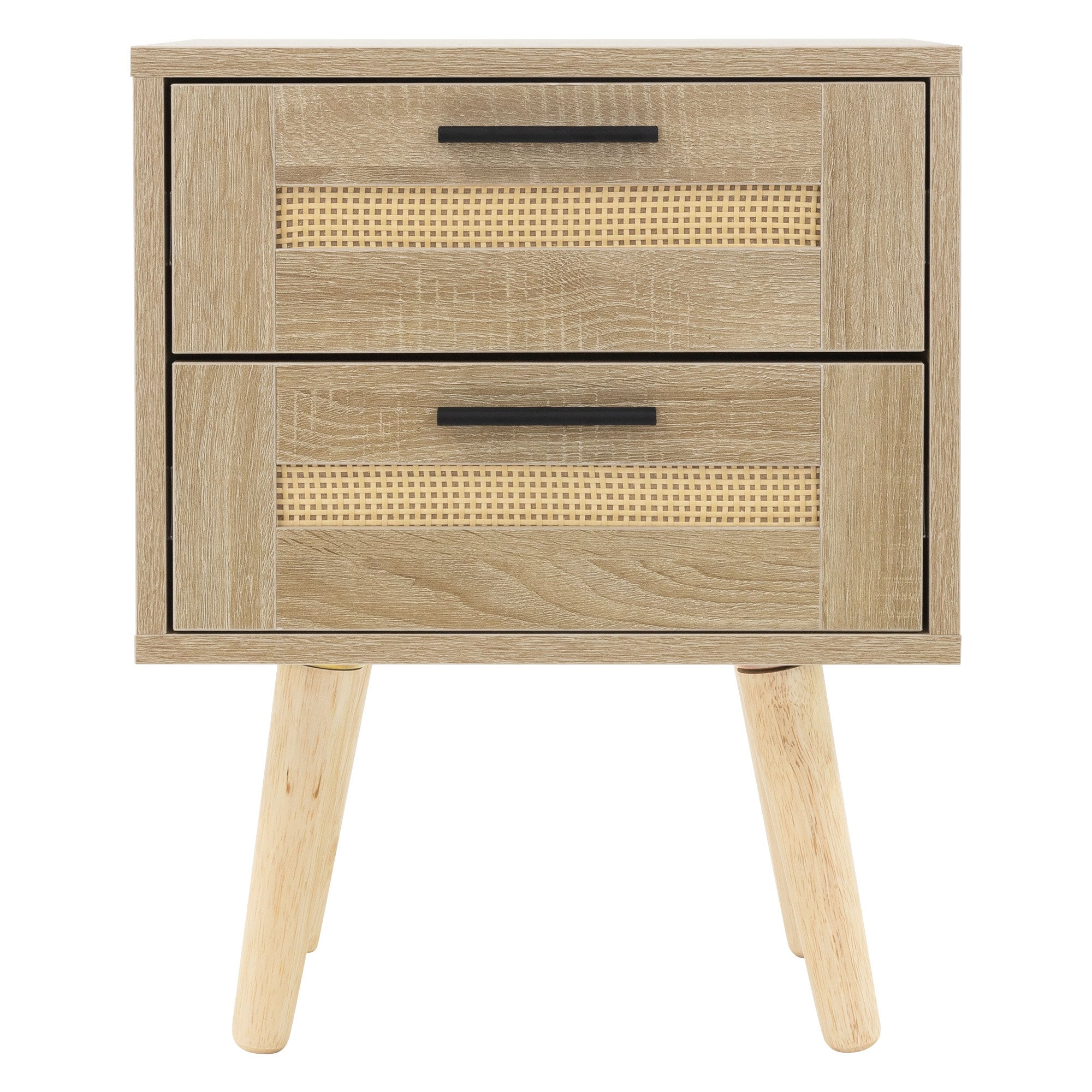 Holzkommode mit zwei Schubladen und Rattan-Elementen, auf vier Beinen stehend.