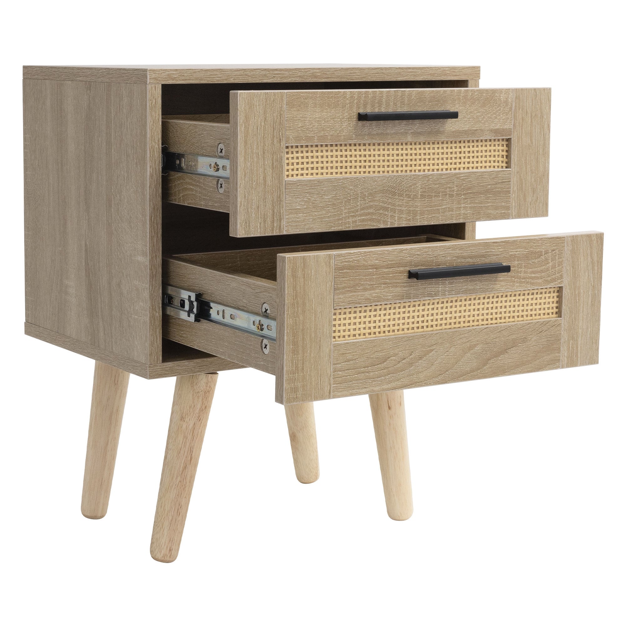 Wooden cabinet with two open drawers that have woven inserts.