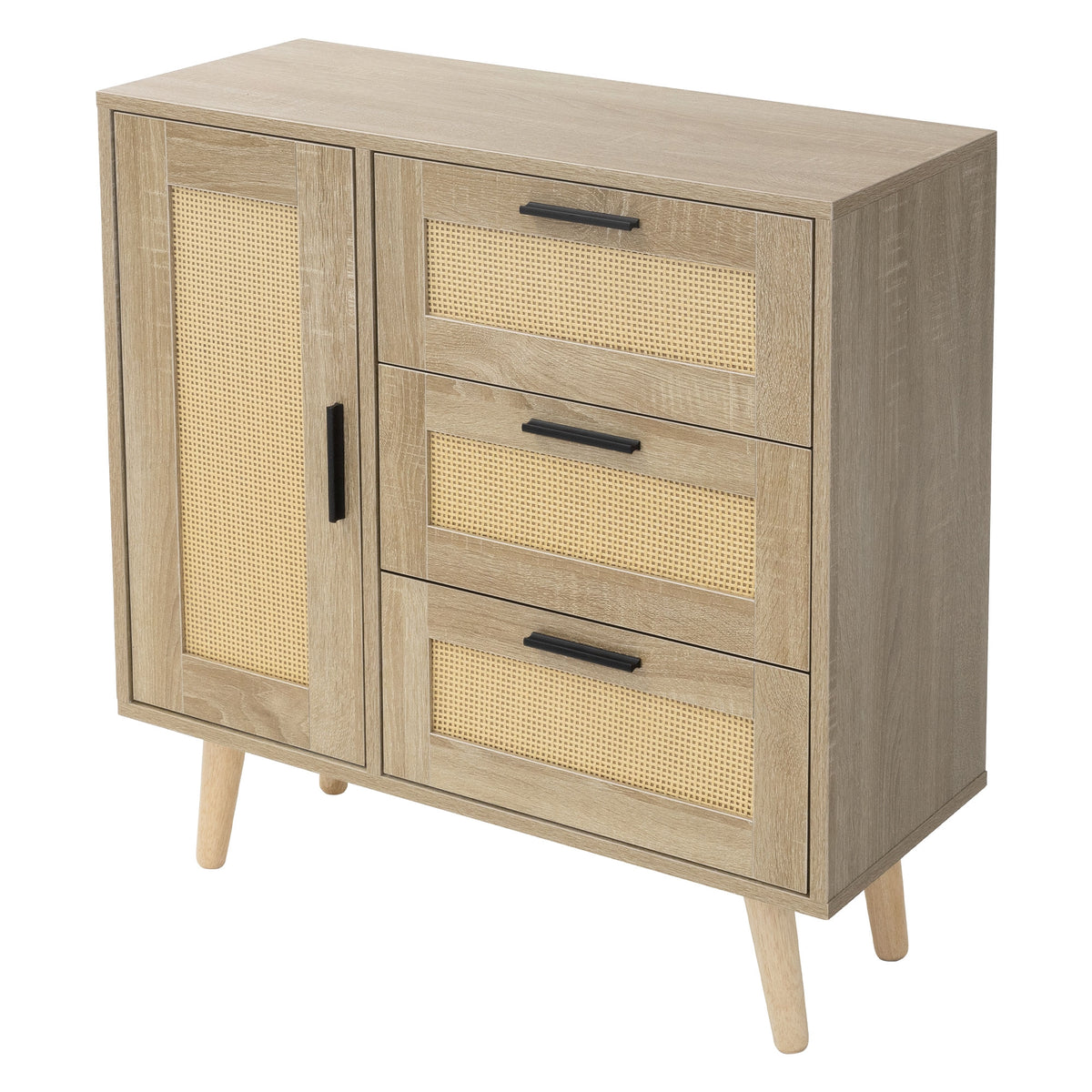 Holzschrank mit zwei Türen und drei Schubladen, helle Holzoptik.