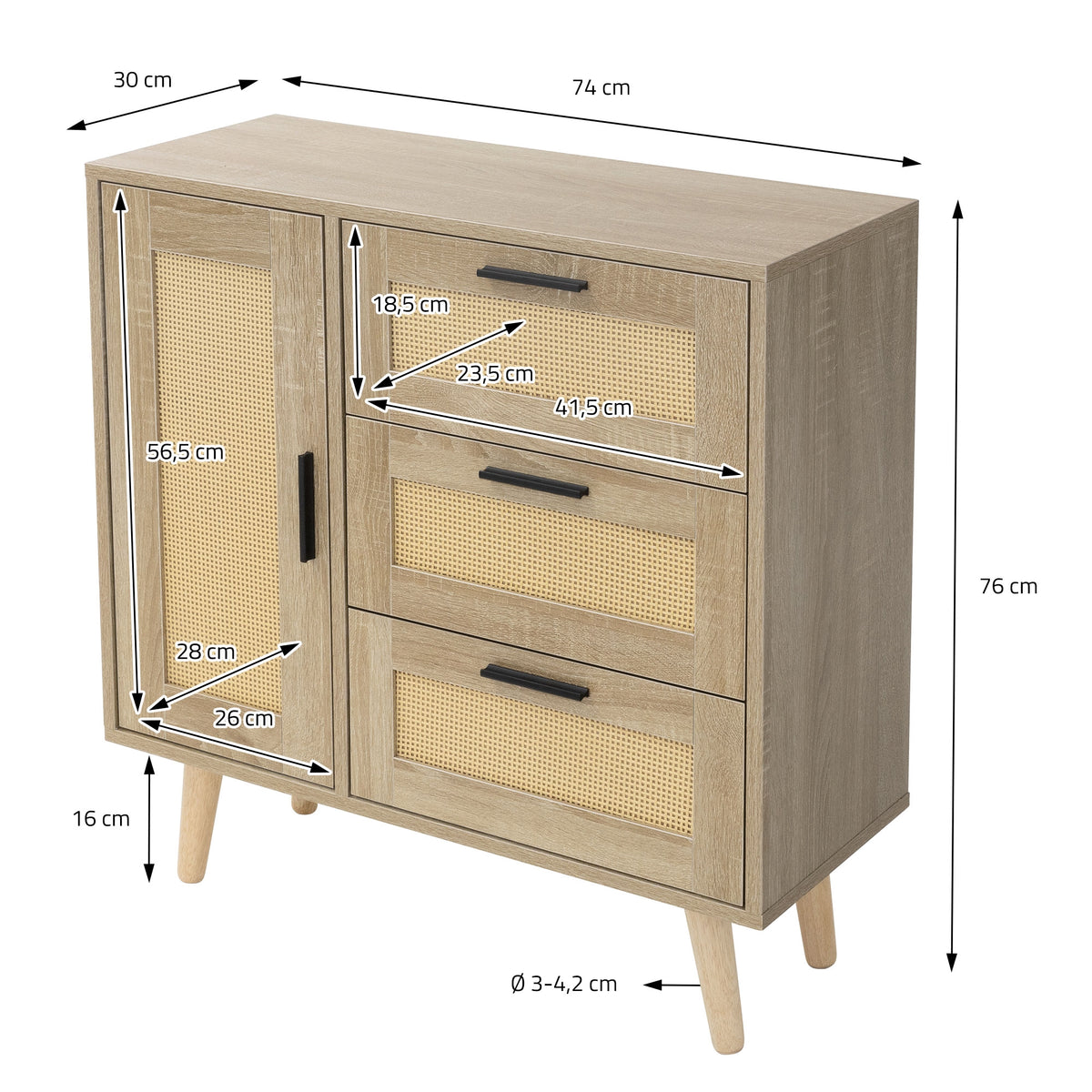 Holzschrank mit zwei Türen und drei Schubladen, Maße und Details eingezeichnet.