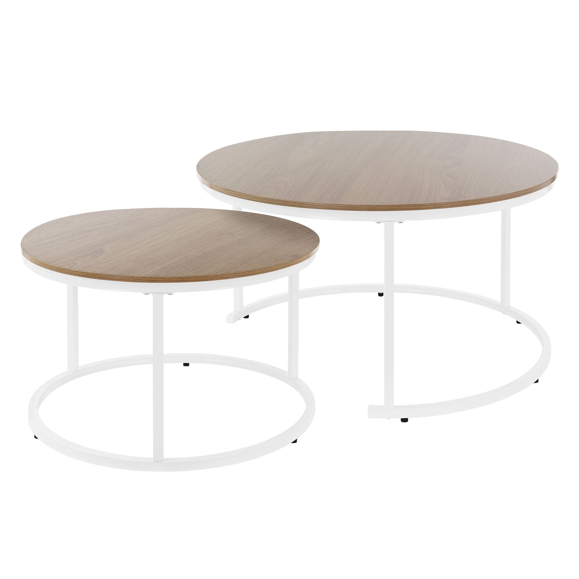 Deux tables basses rondes avec un plateau en bois et des cadres en métal blancs.