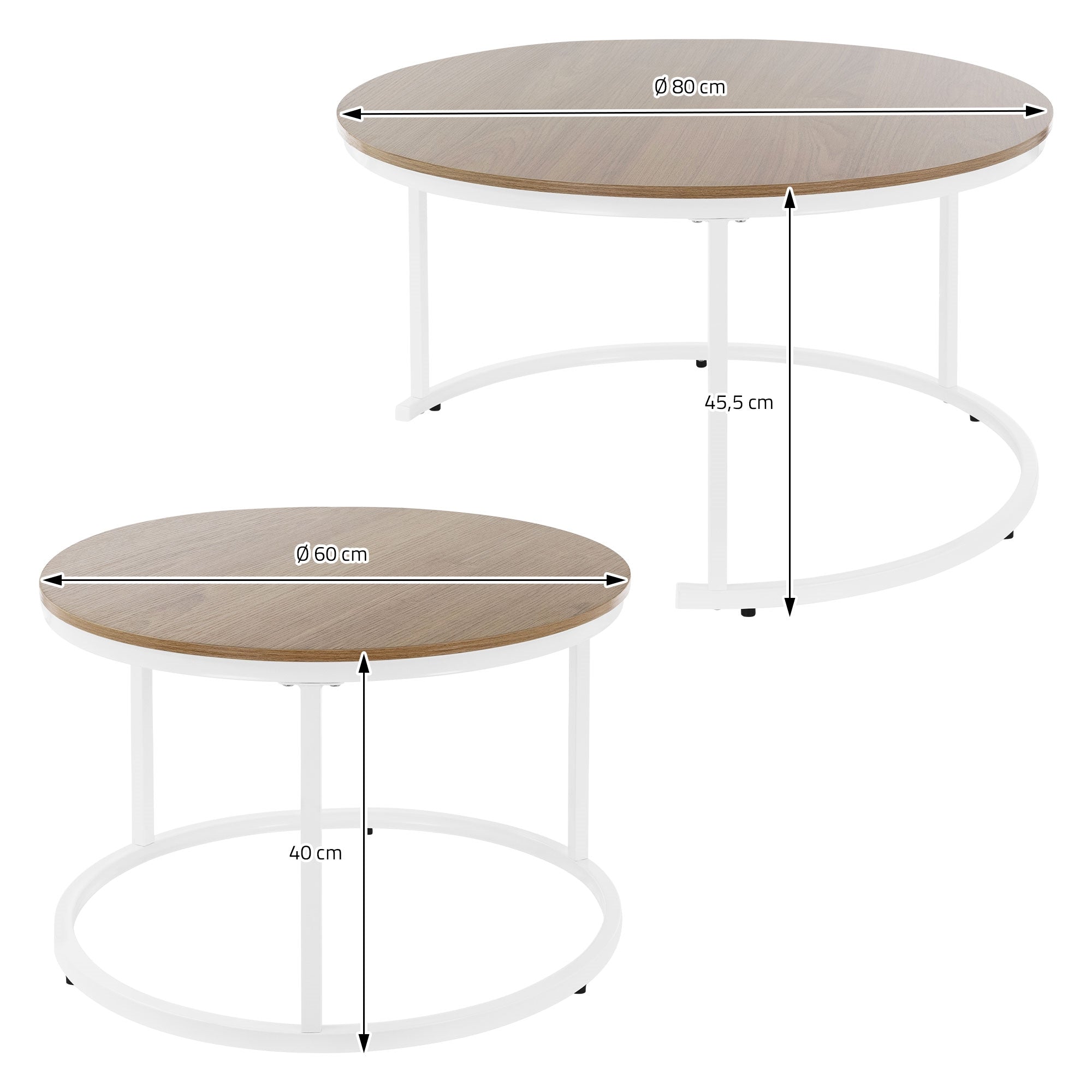 Deux tables rondes de différentes tailles, diamètre 60 cm et 80 cm.