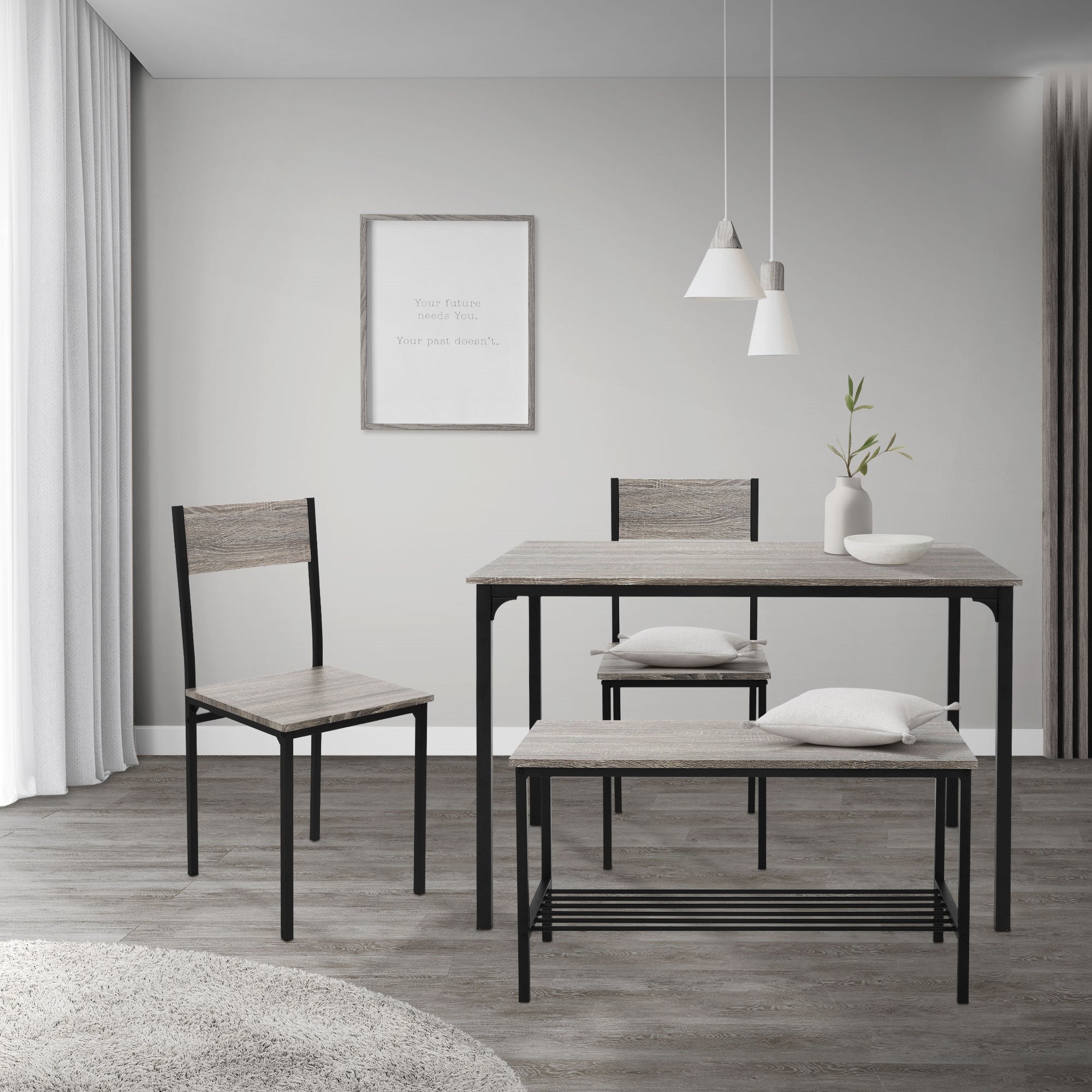 Dining area with a table, chairs, and a vase on the table.