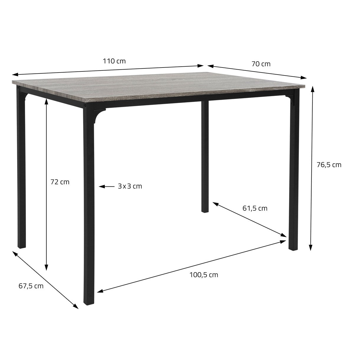 Ein rechteckiger Tisch mit Holzplatte und schwarzem Metallgestell, Maße angegeben.