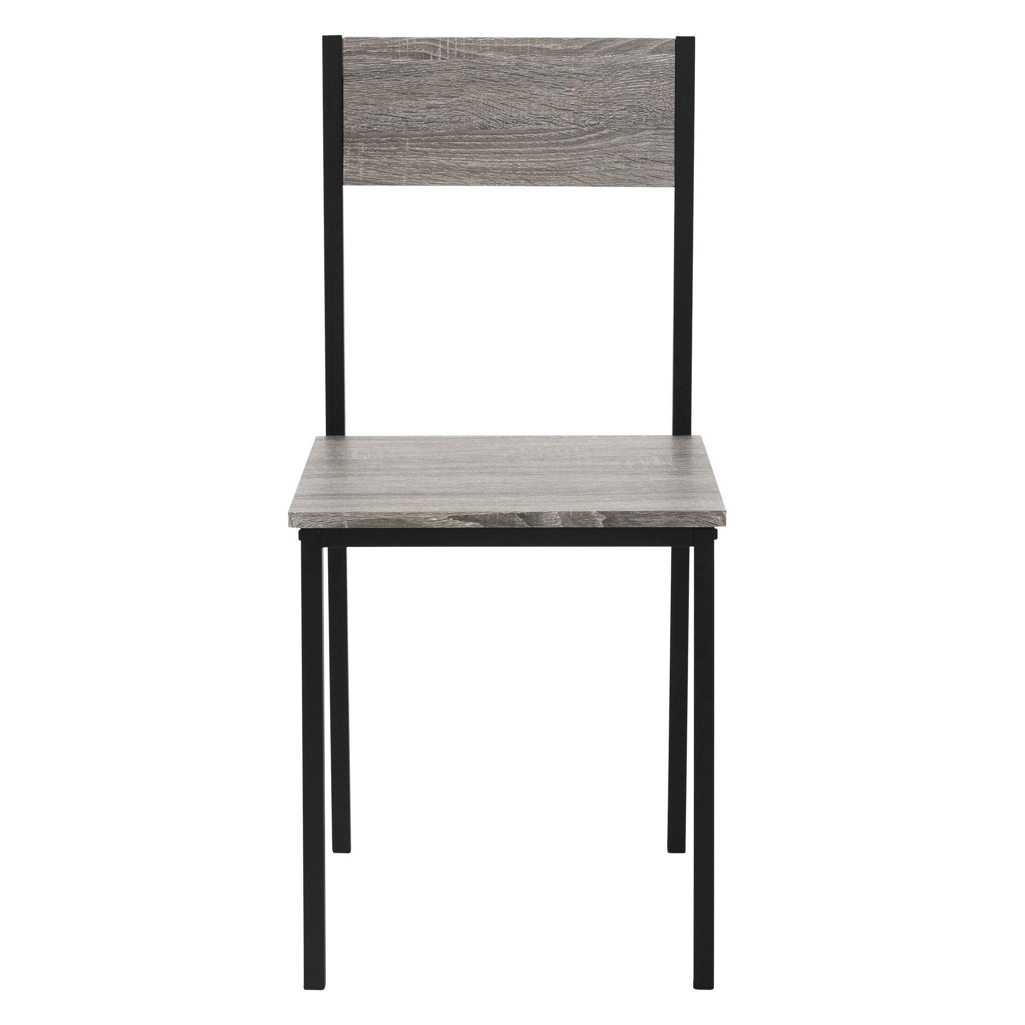 Simple chair with wood look and black metal frame.
