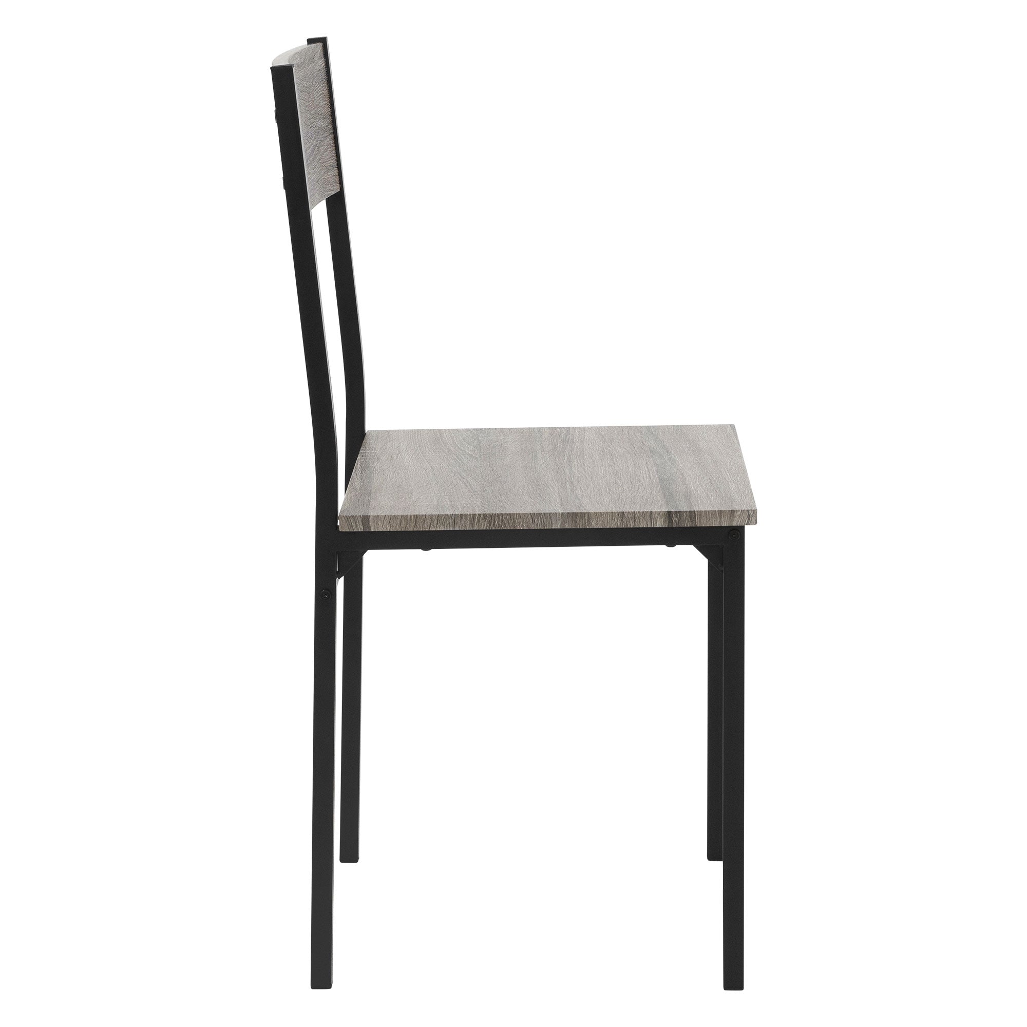 Side view of a wooden chair with metallic frame.