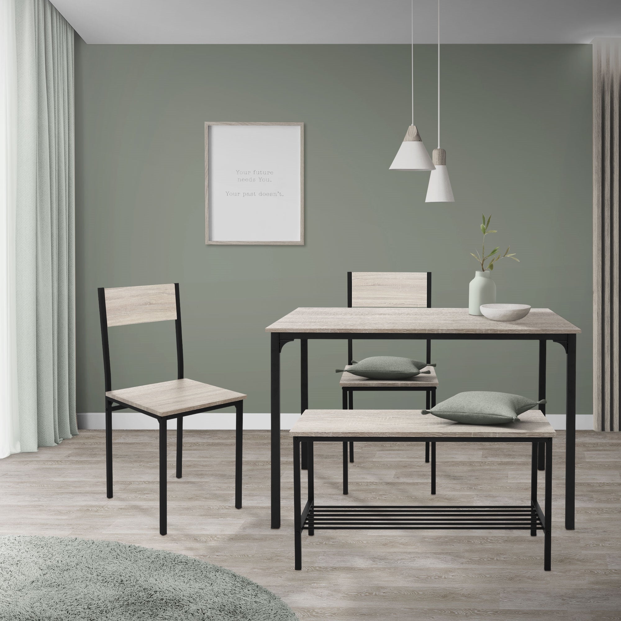 Wohnzimmer mit Esstischset, Stühlen und Dekoration in neutralen Farben.